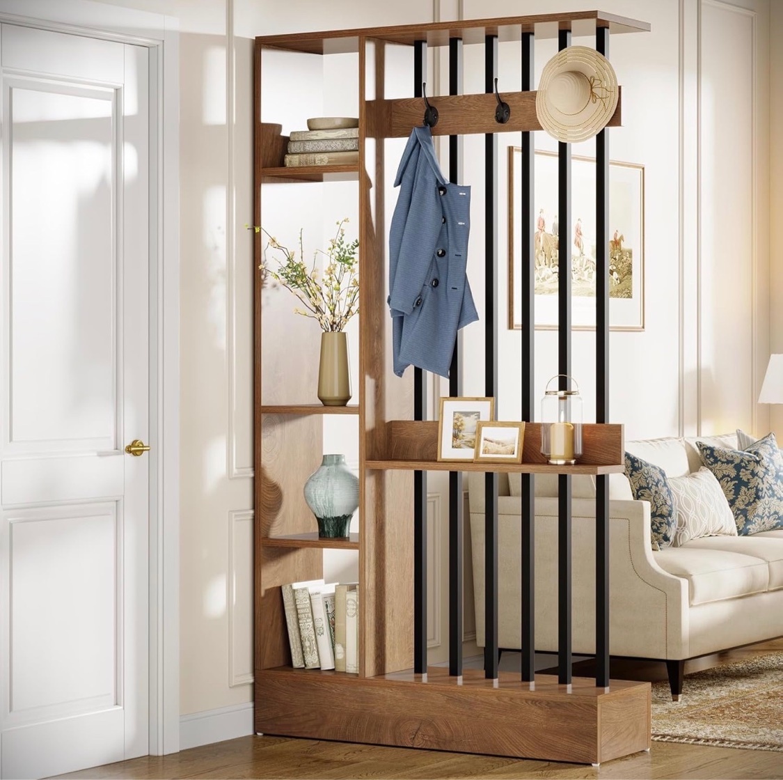 Room Divider with Coat Hooks & Shelves – Walnut - photo 3