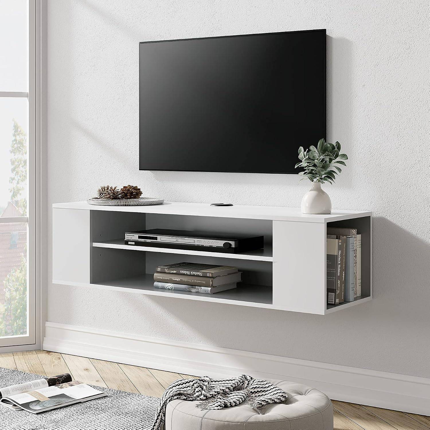 Modern White Wall-Mounted Floating TV Console / Media Shelf