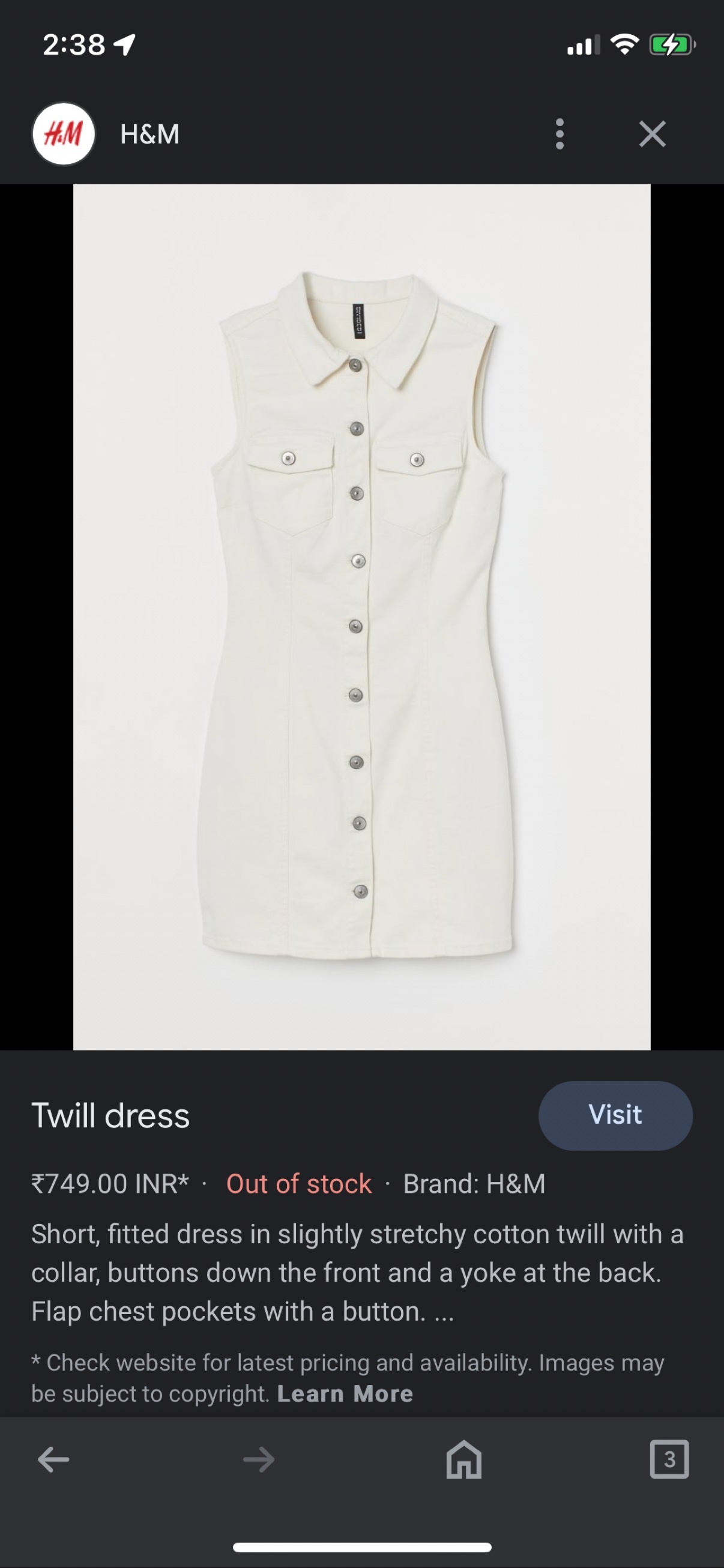 H&M Cream Sleeveless Denim Shirt Dress, UK 10