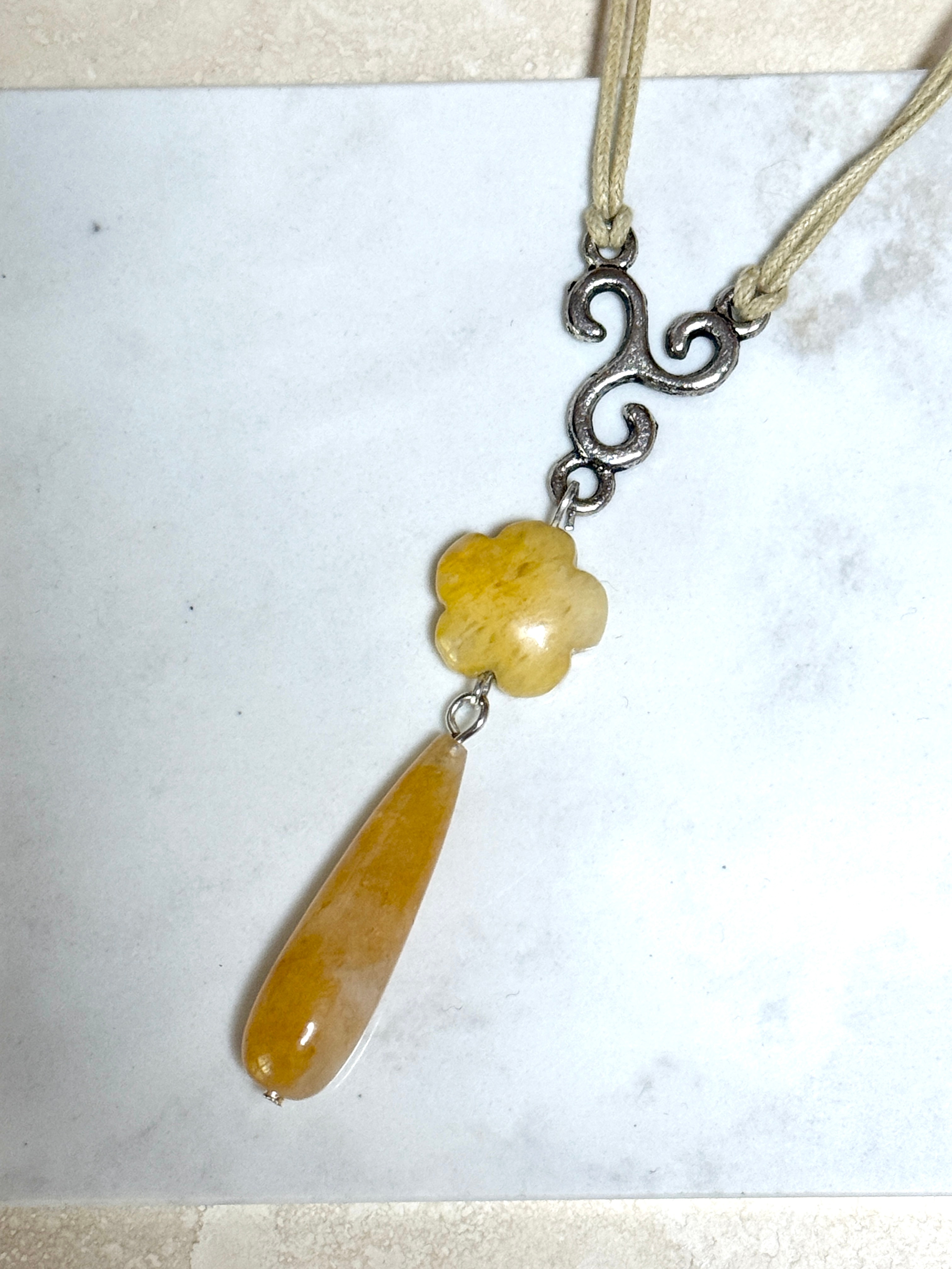 Yellow Orange Aventurine Flower Necklace, Beige Cord Necklace - photo 3