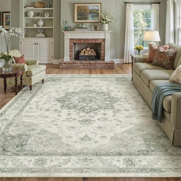 New - 8x10 Washable Area Rug / Carpet - Sage Green Vintage