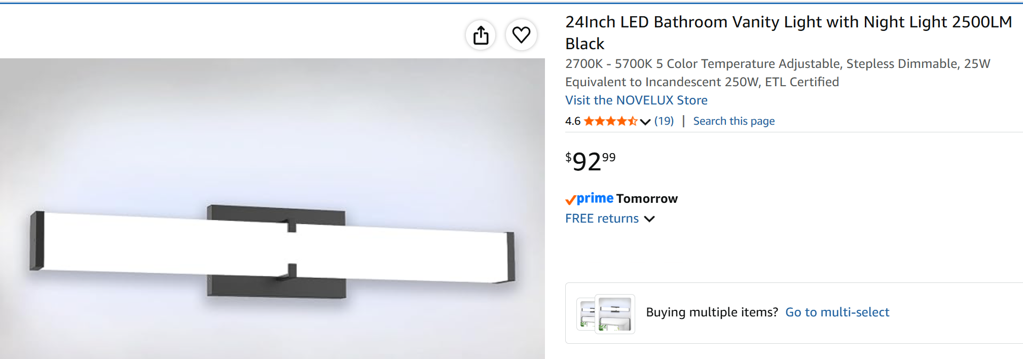 24" Black LED Bathroom Vanity Light & Night Light, Stepless Dimm - photo 2