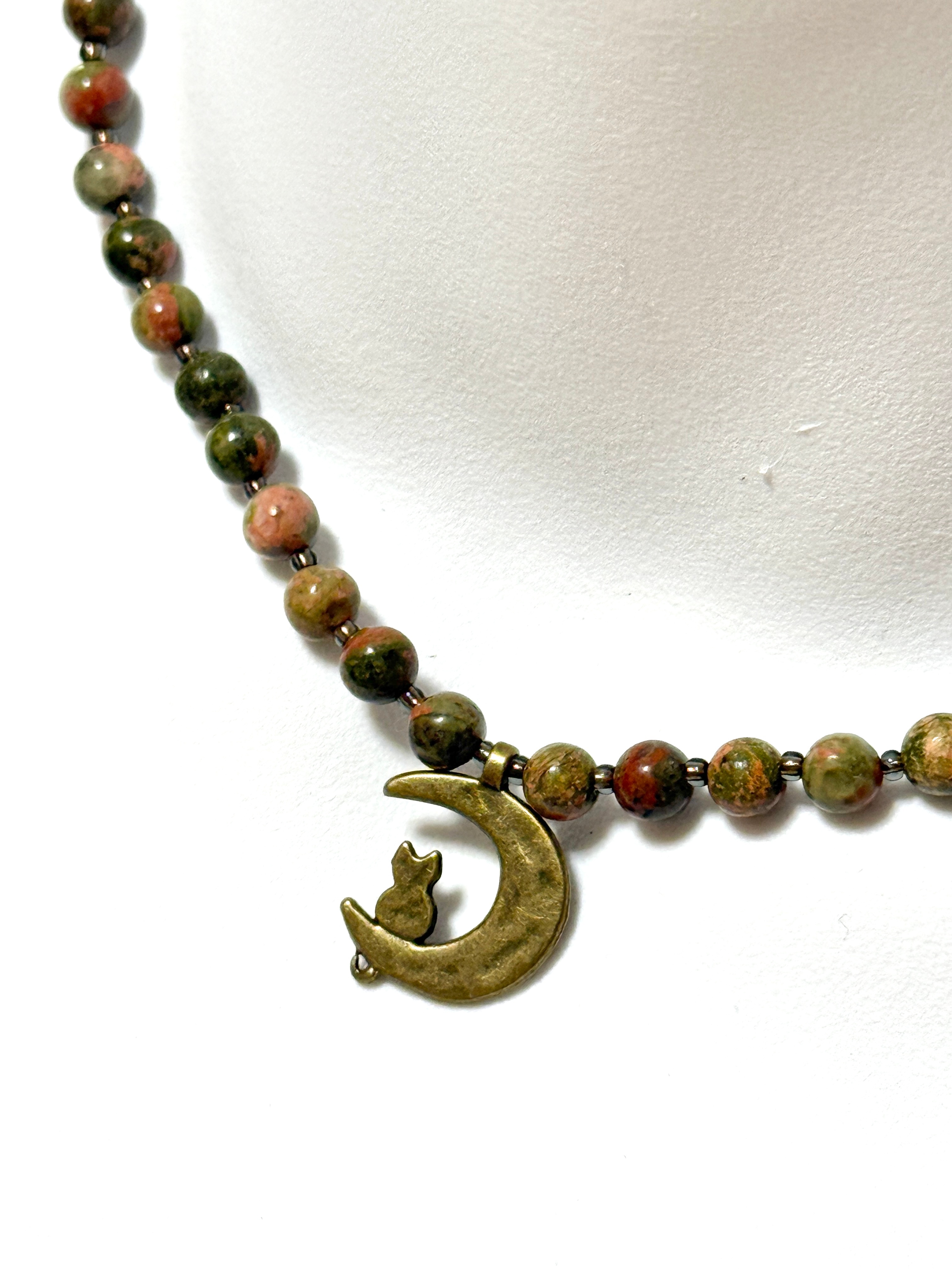 Green Unakite Short Necklace, Bronze Cat on the Moon Pendant