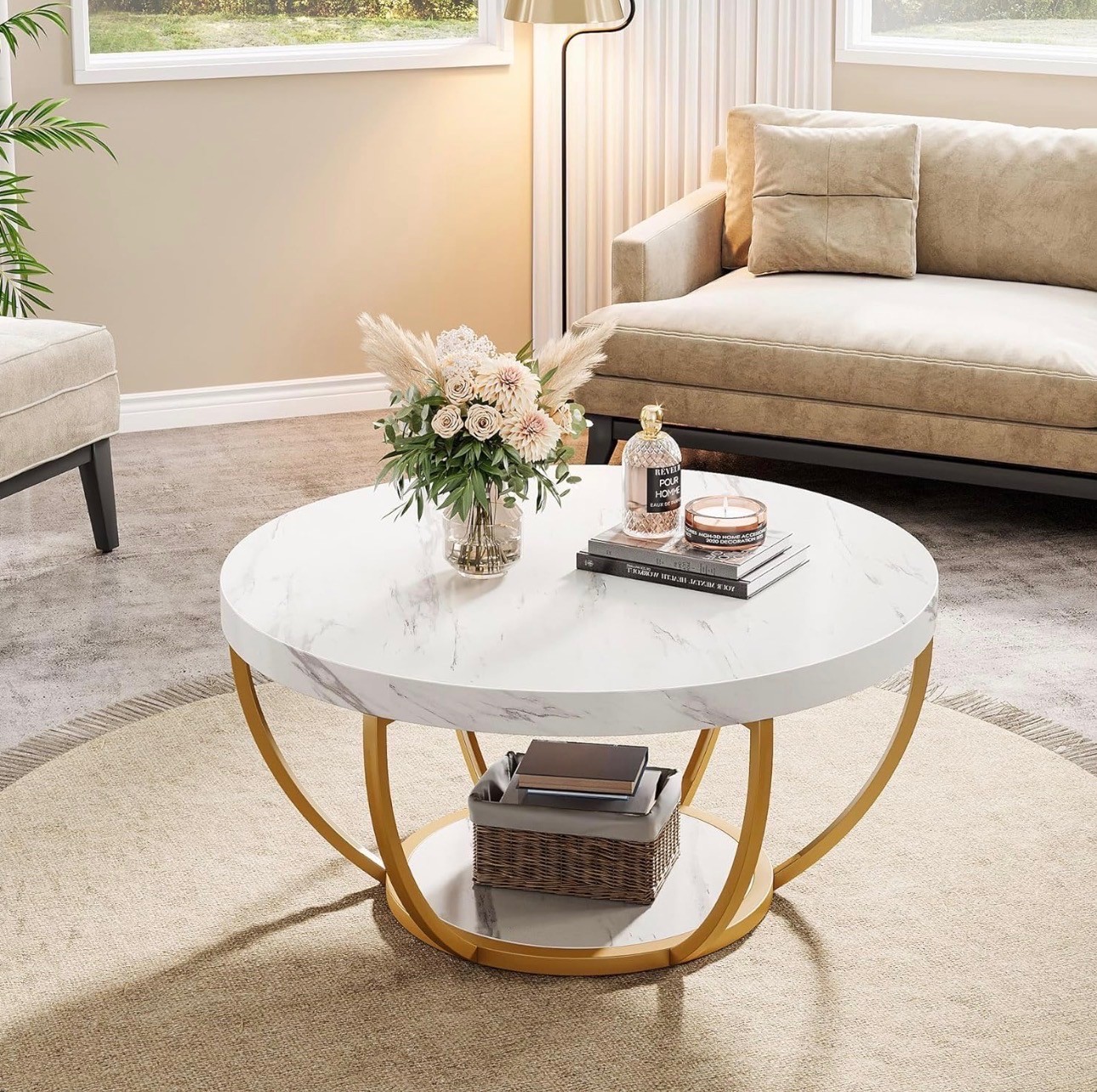 Round Faux-Marble Coffee Table – Gold Legs – Brand New - photo 5