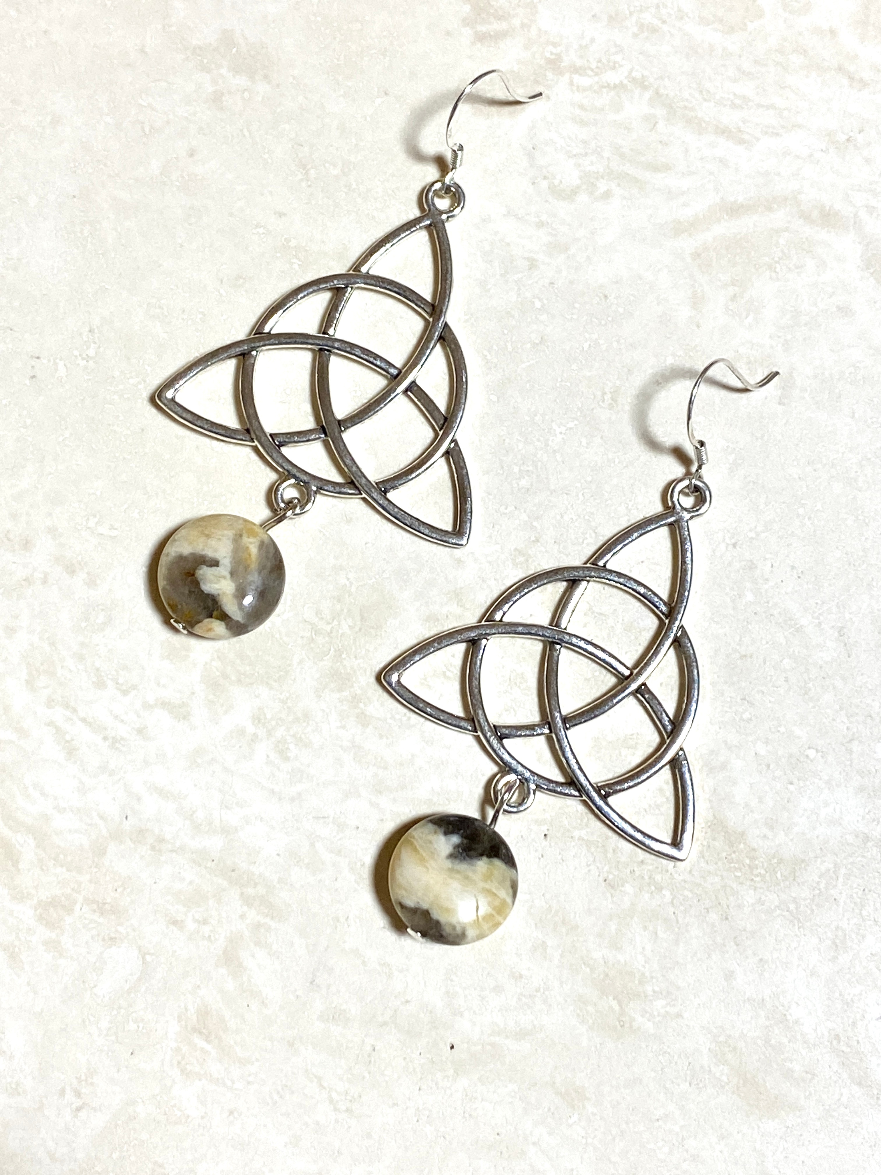 Septarian Stone Celtic Trinity Earrings, Sterling Silver Hook
