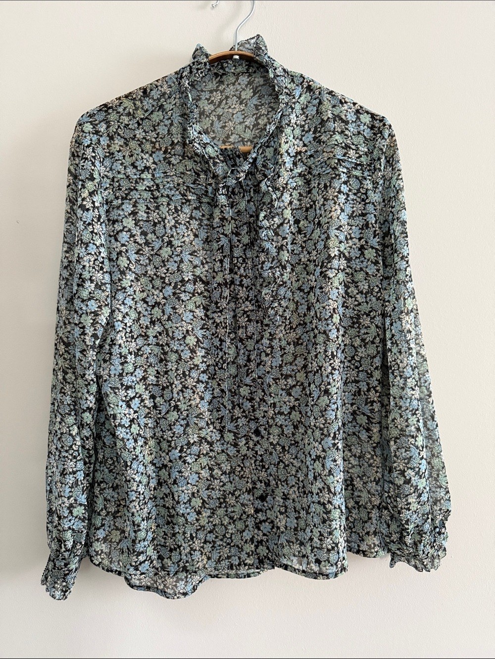 Maje Black Sheer Floral Tie-Neck Blouse with Light Blue Print