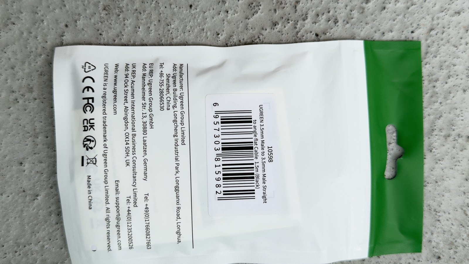 UGREEN 3.5mm AUX Cable 1.5 m – Flat, Right-Angle, New Sealed - photo 2