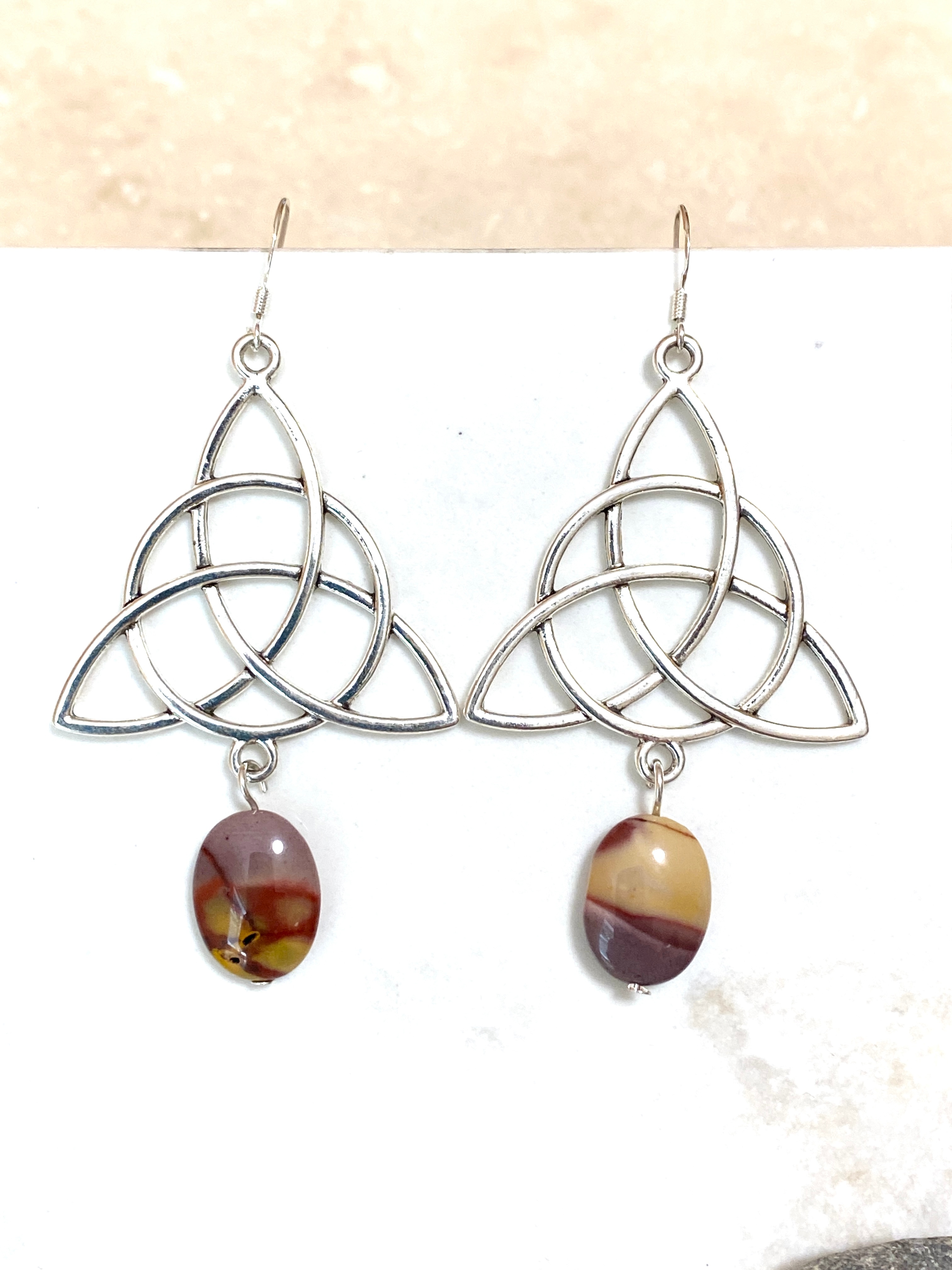 Genuine Earthy Mookaite Celtic Trinity Earrings, 925 Silver Hook - photo 2