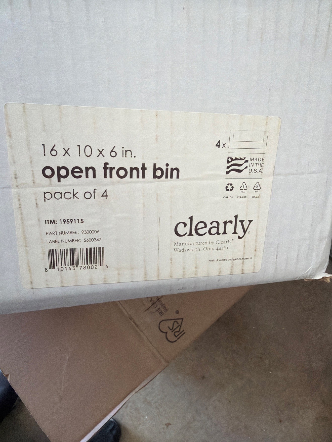 Clearly Open Front Storage Bin 16x10x6 — 4 Pack — New