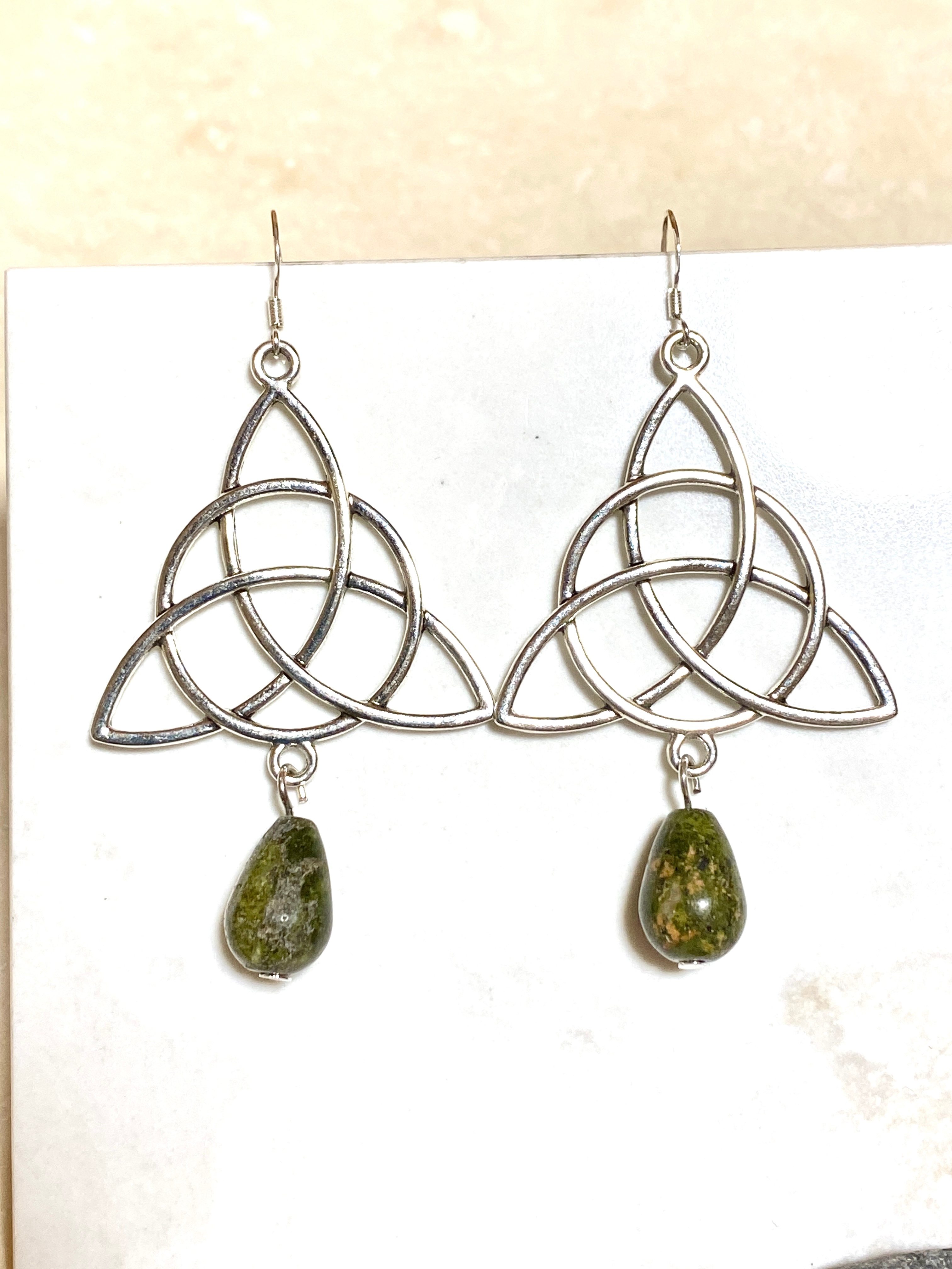 Dark Green Unakite Celtic Trinity Earrings, 925 silver Hooks - photo 2