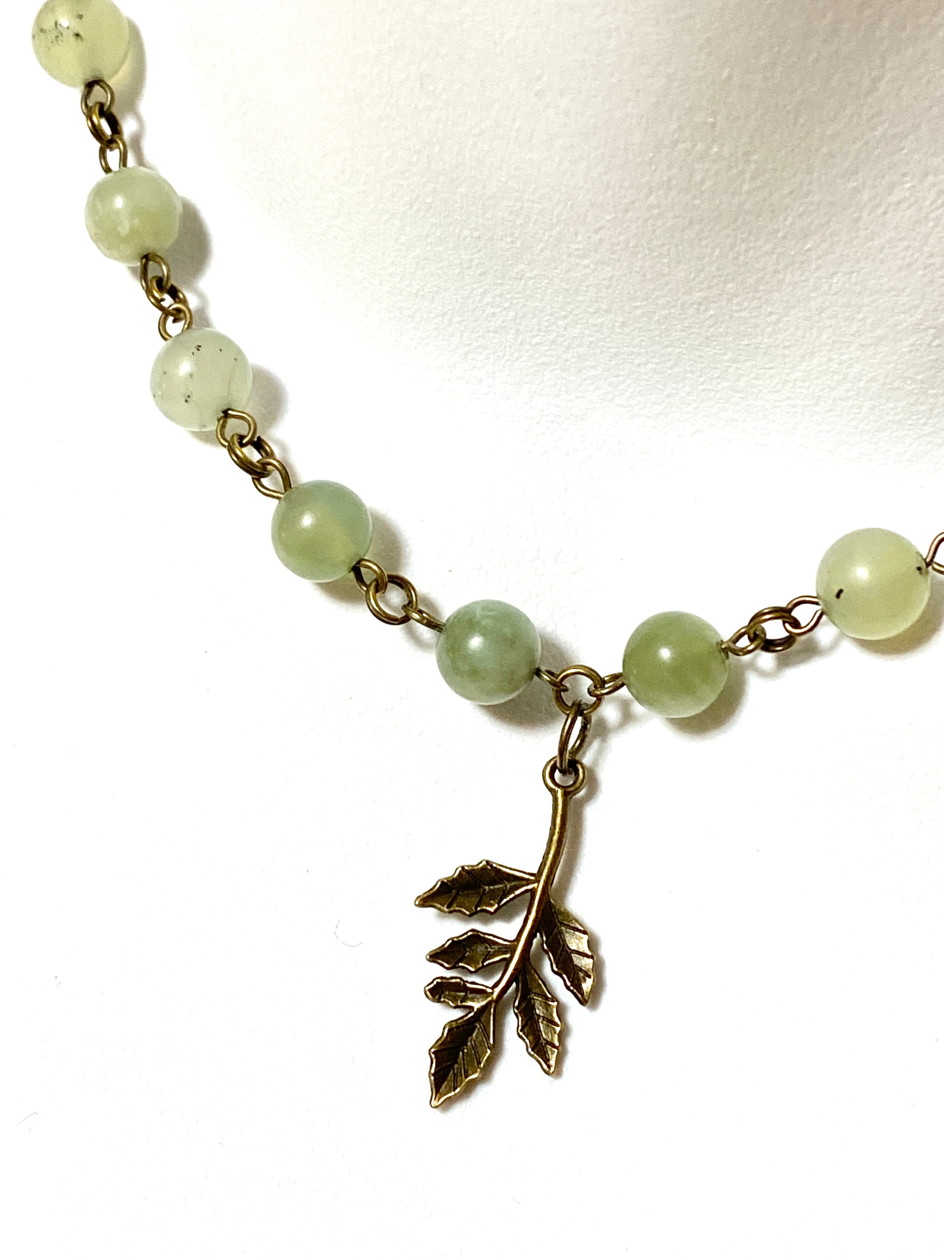 Mint Green Serpentine Short Necklace, Bronze Leaf Branch Pendant