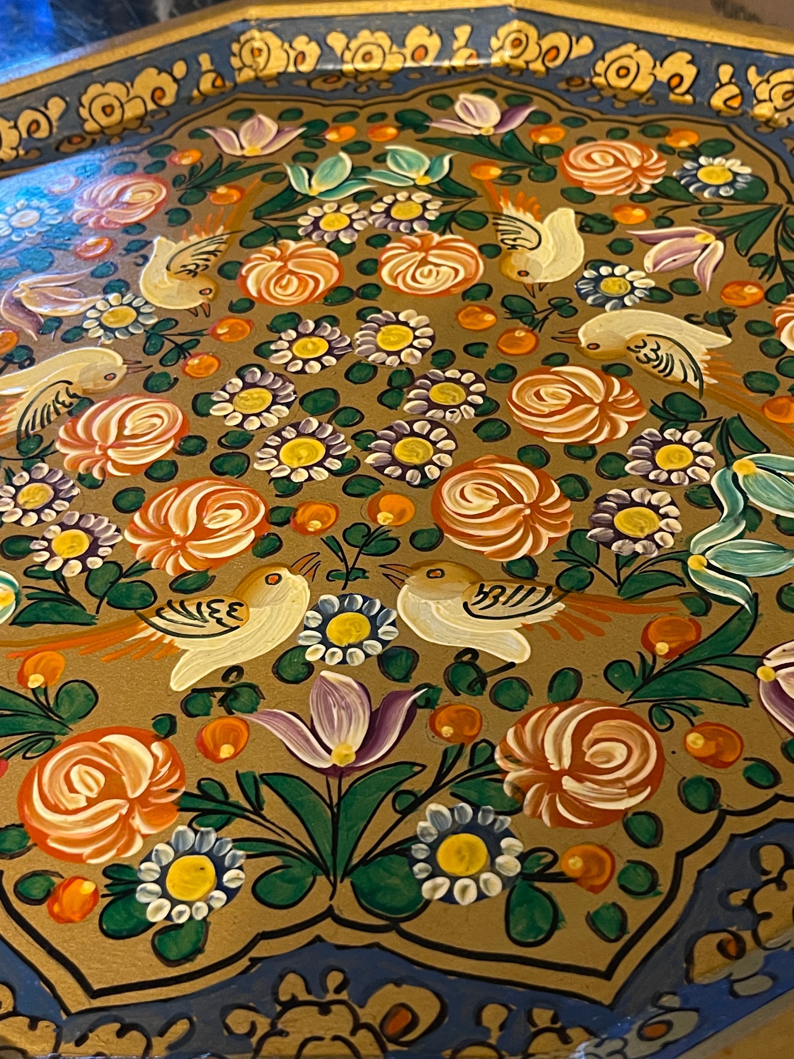 Vintage Kashmiri Hand Painted 10-Sided Wood Tray-Birds & Flowers - photo 4