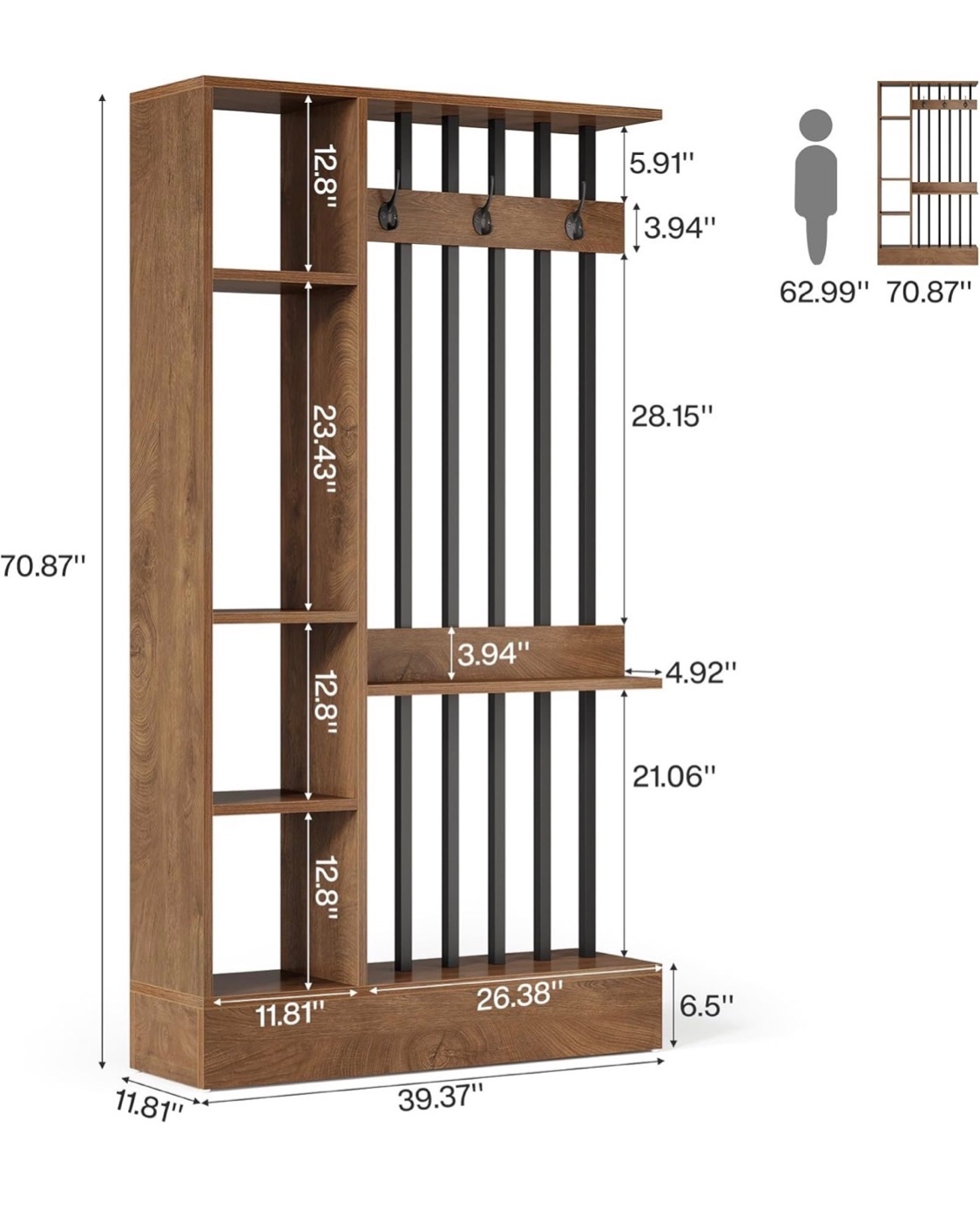 Room Divider with Coat Hooks & Shelves – Walnut - photo 5