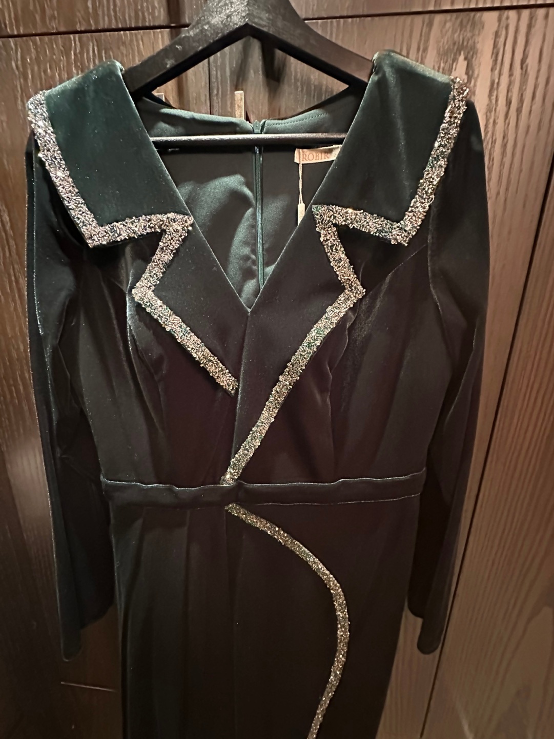 Gorgeous dark green velvet maxi dress with embellished collar