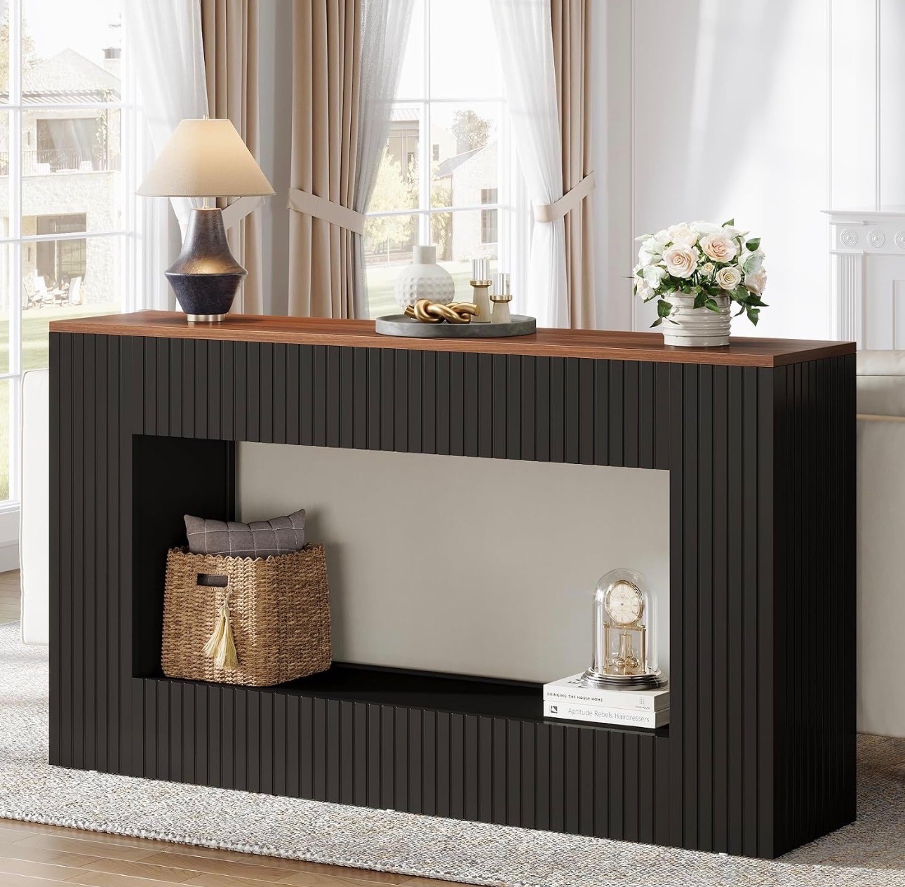 Modern Console Table – Black Fluted, Walnut Top – New