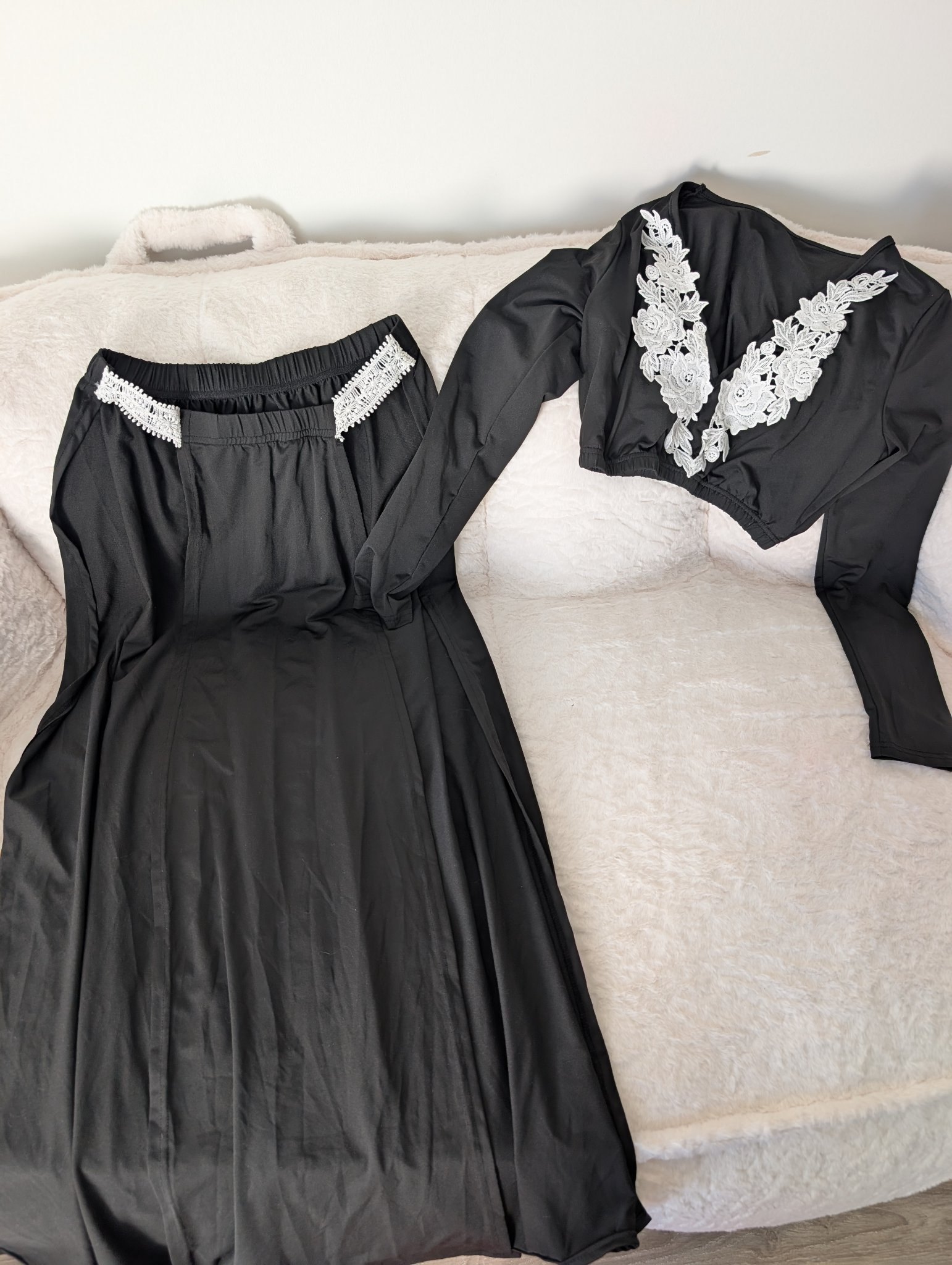Black Lace Applique Crop Top and Long Skirt Set