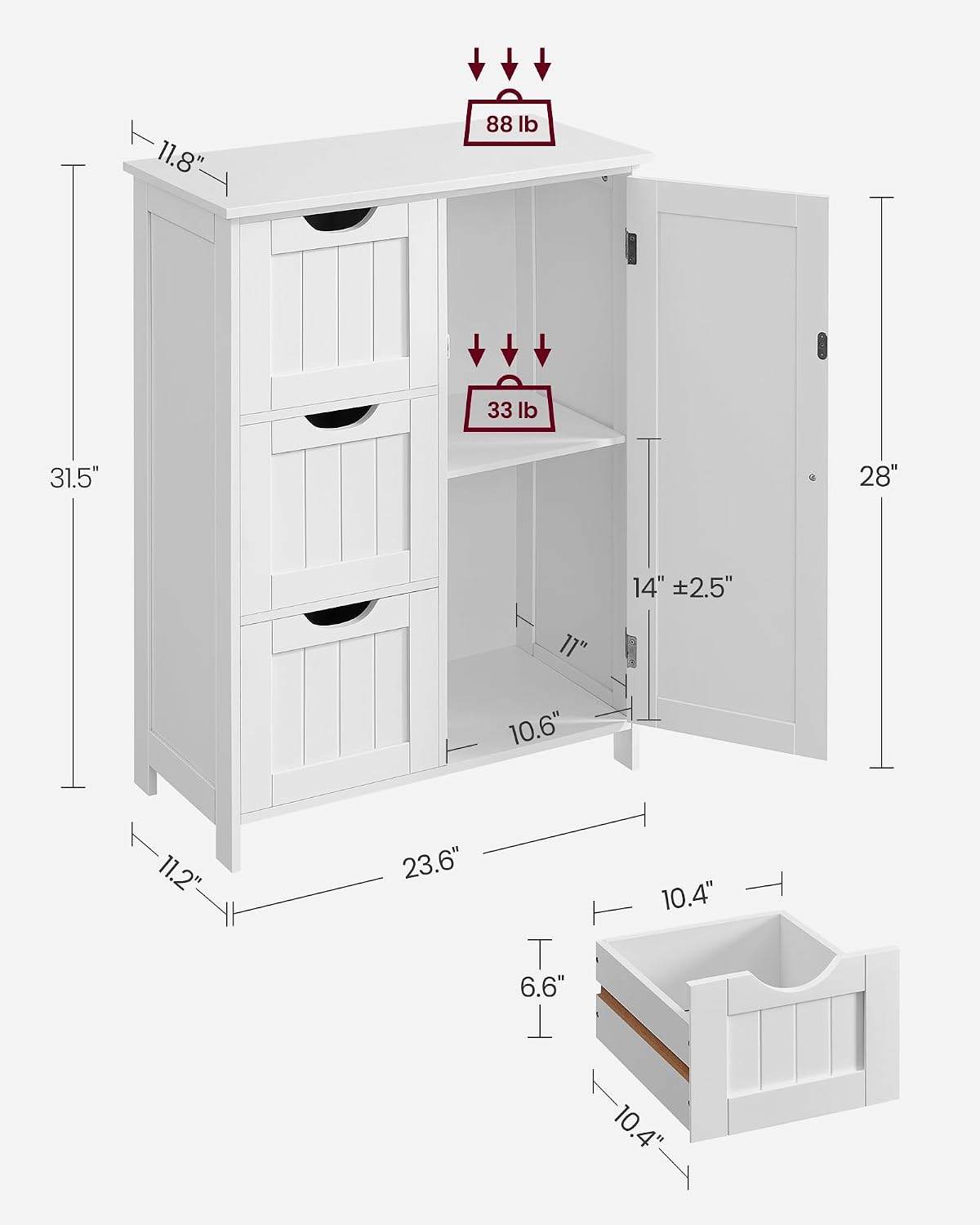 White Bathroom Storage Cabinet with 3 Drawers - photo 3