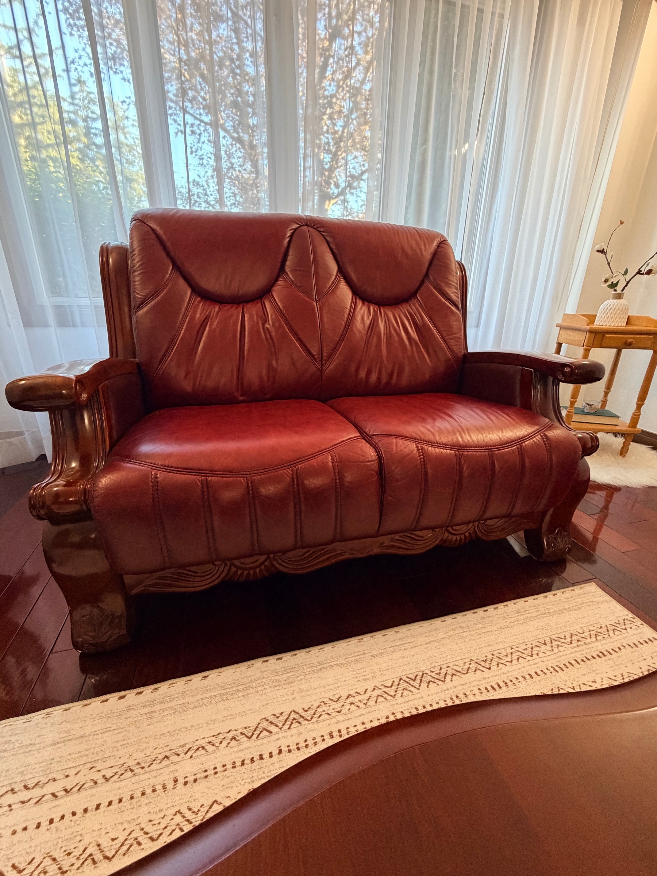 Solid Wood & Genuine Leather 3-Piece Sofa Set – Burgundy - photo 5