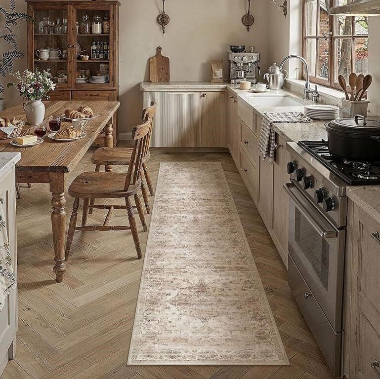 2x8 Runner Rug Washable Beige Vintage