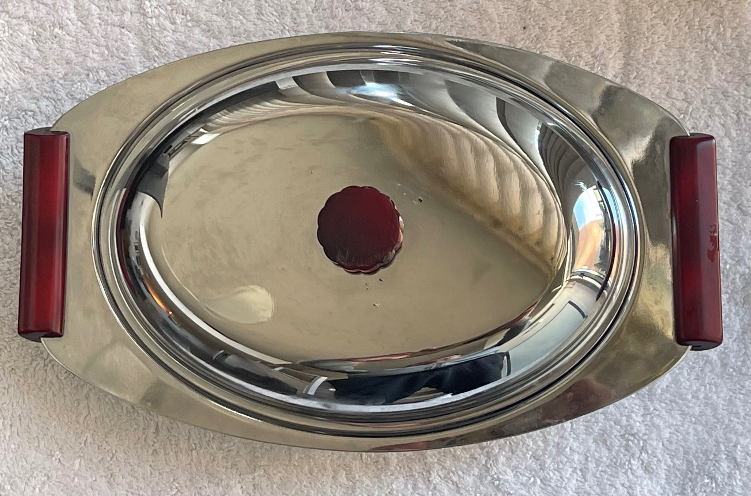 Vintage MCM Glo-Hill Chrome Dish w/ Red Bakelite