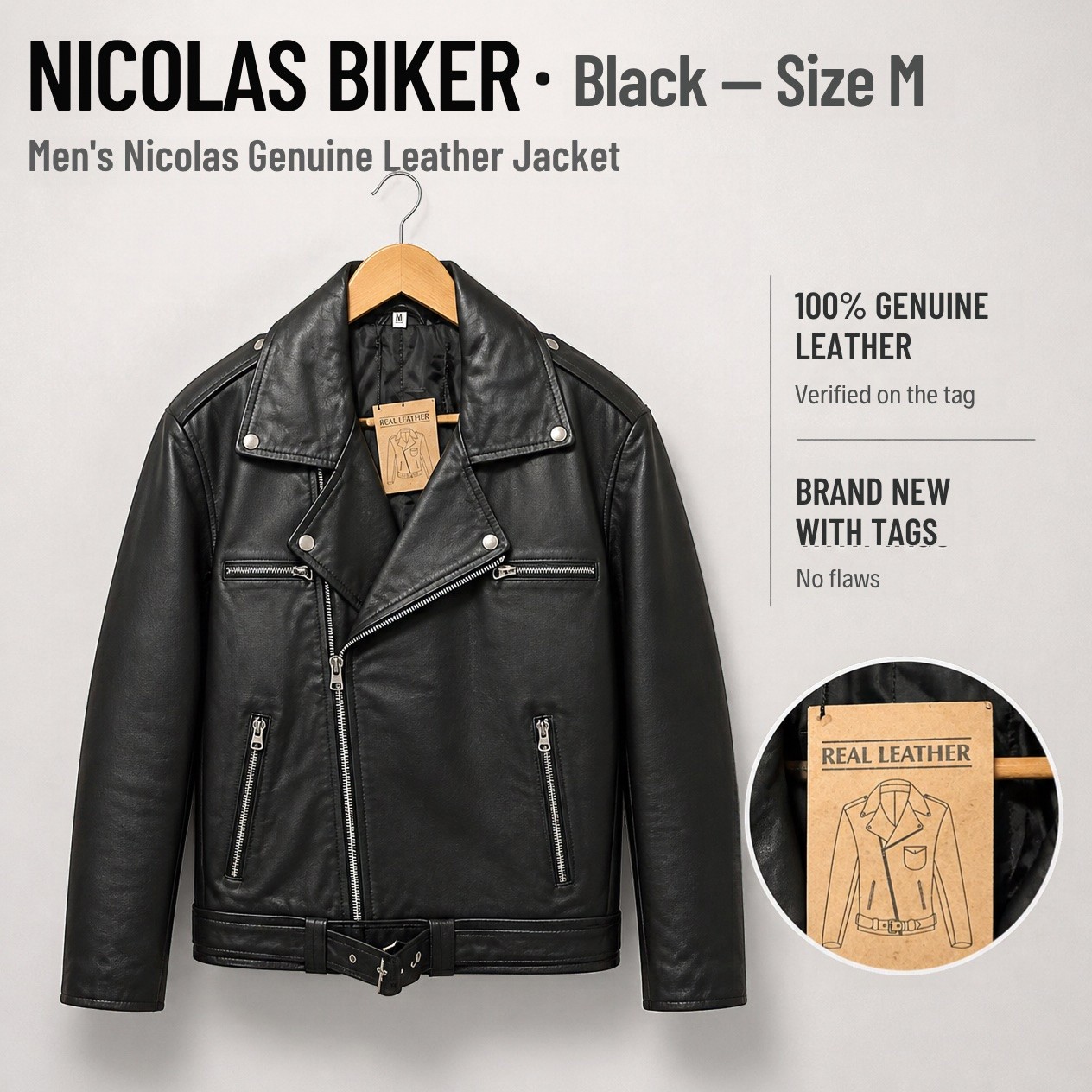 JKT-028 — Men's Nicolas leather biker jacket — brand new size M