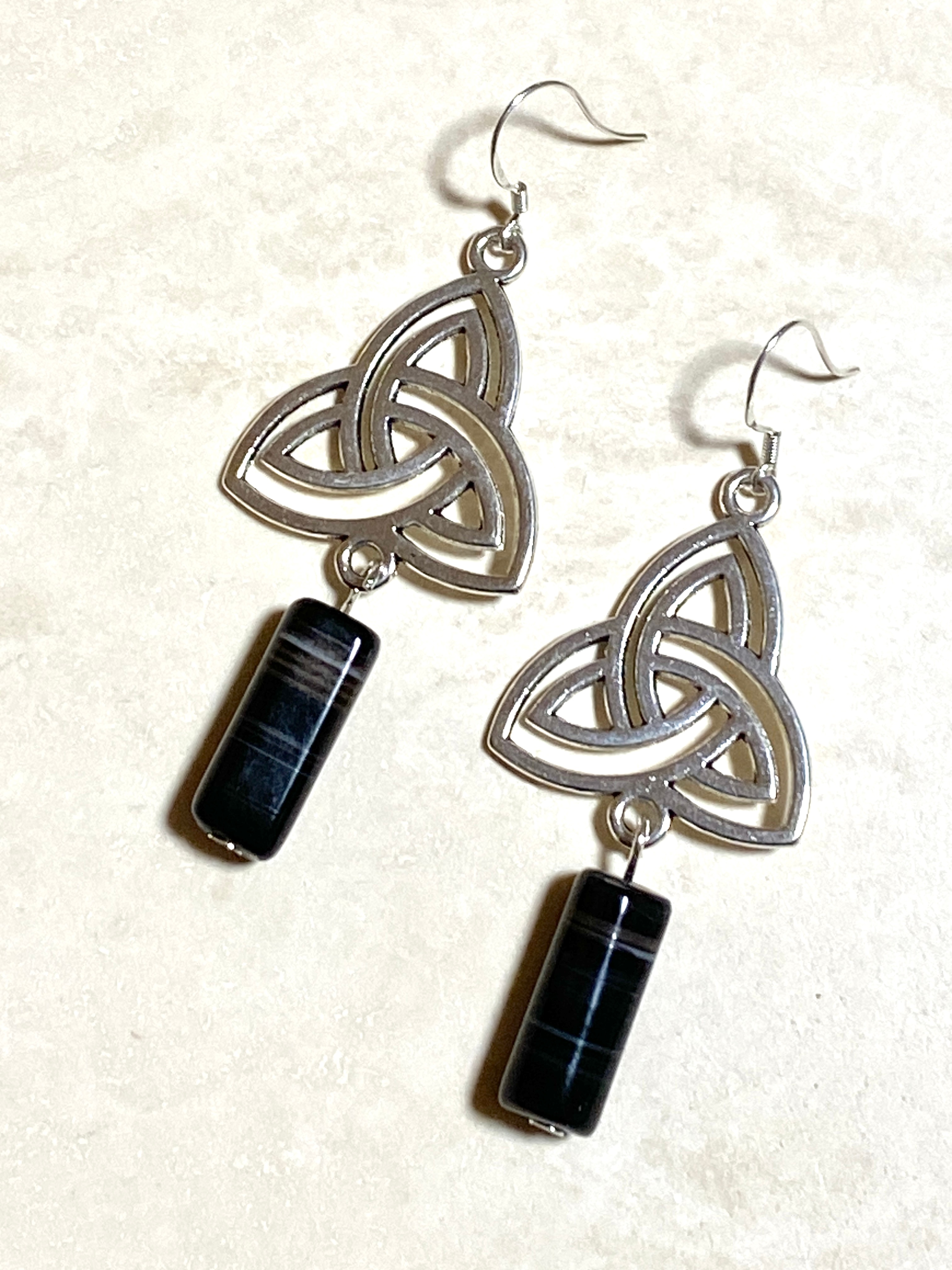 Dark Agate Triqueta Earrings, Sterling Silver Hook - photo 2