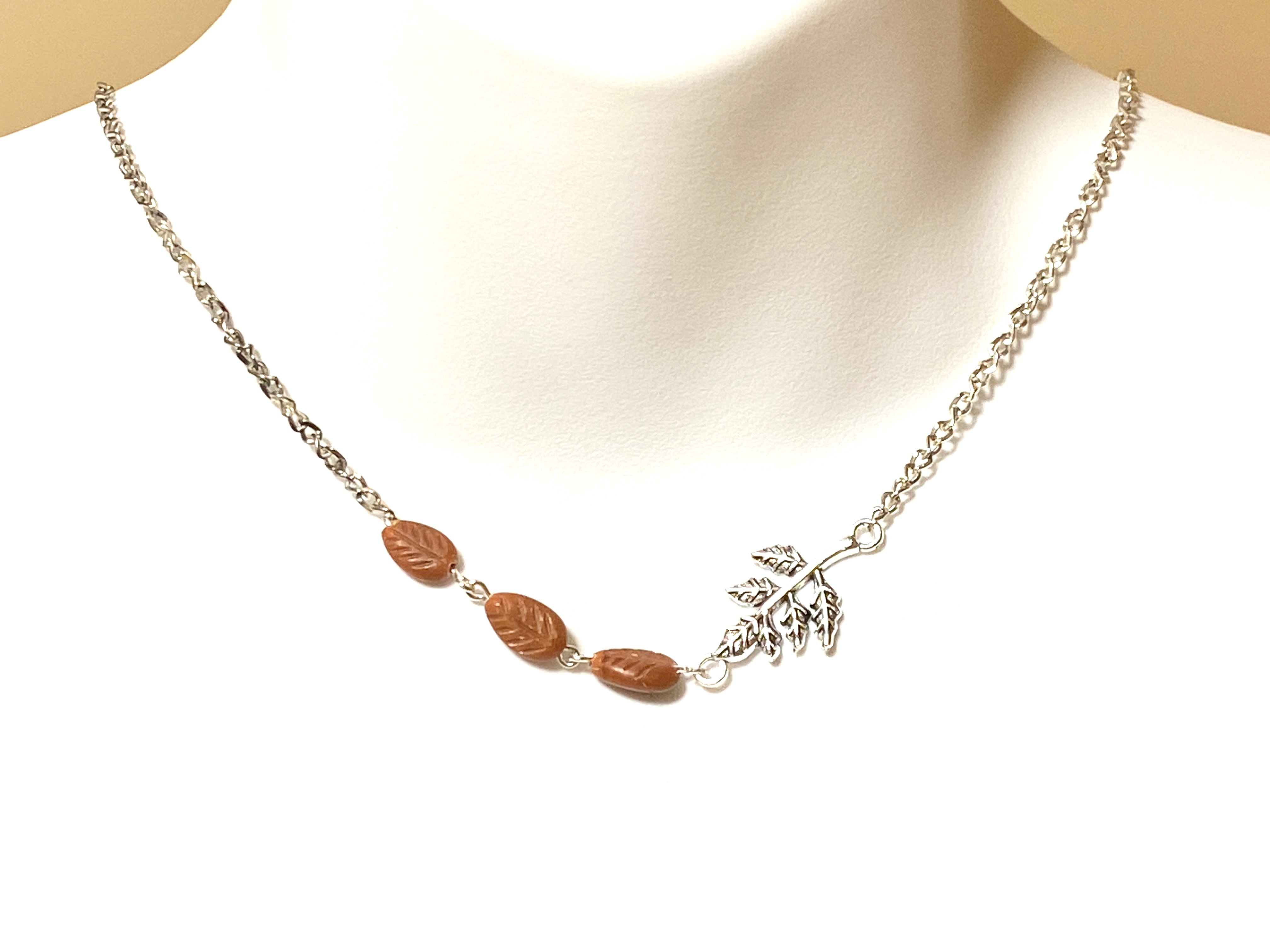 Brick Red Jasper Leaf Branch Short Necklace, Stainless Chain - photo 2