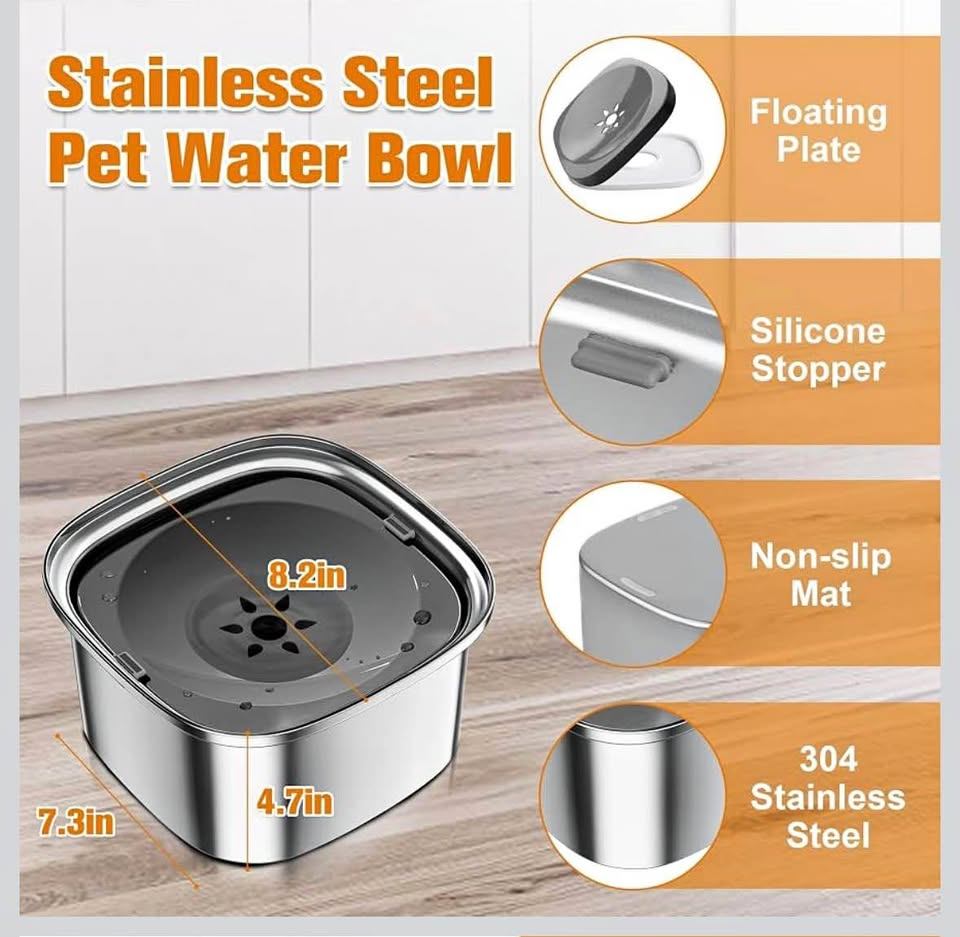 No-Spill Slow Drinking Dog Water Bowl, Stainless Steel (New)