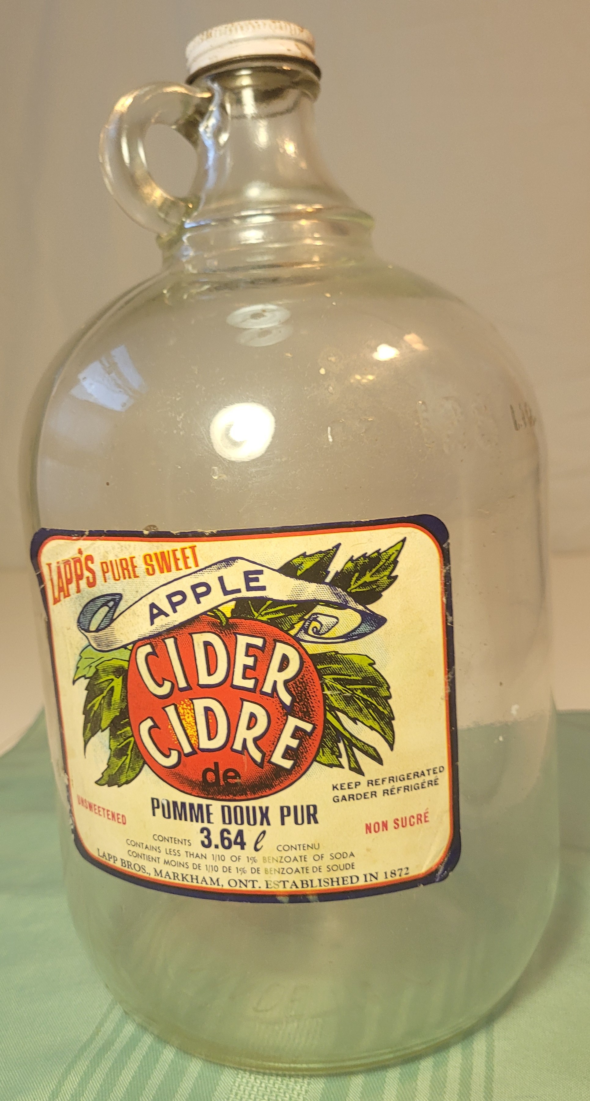 1970s Lapps Pure Sweet Apple Cider 1 Gallon Clear Glass Jug - photo 5