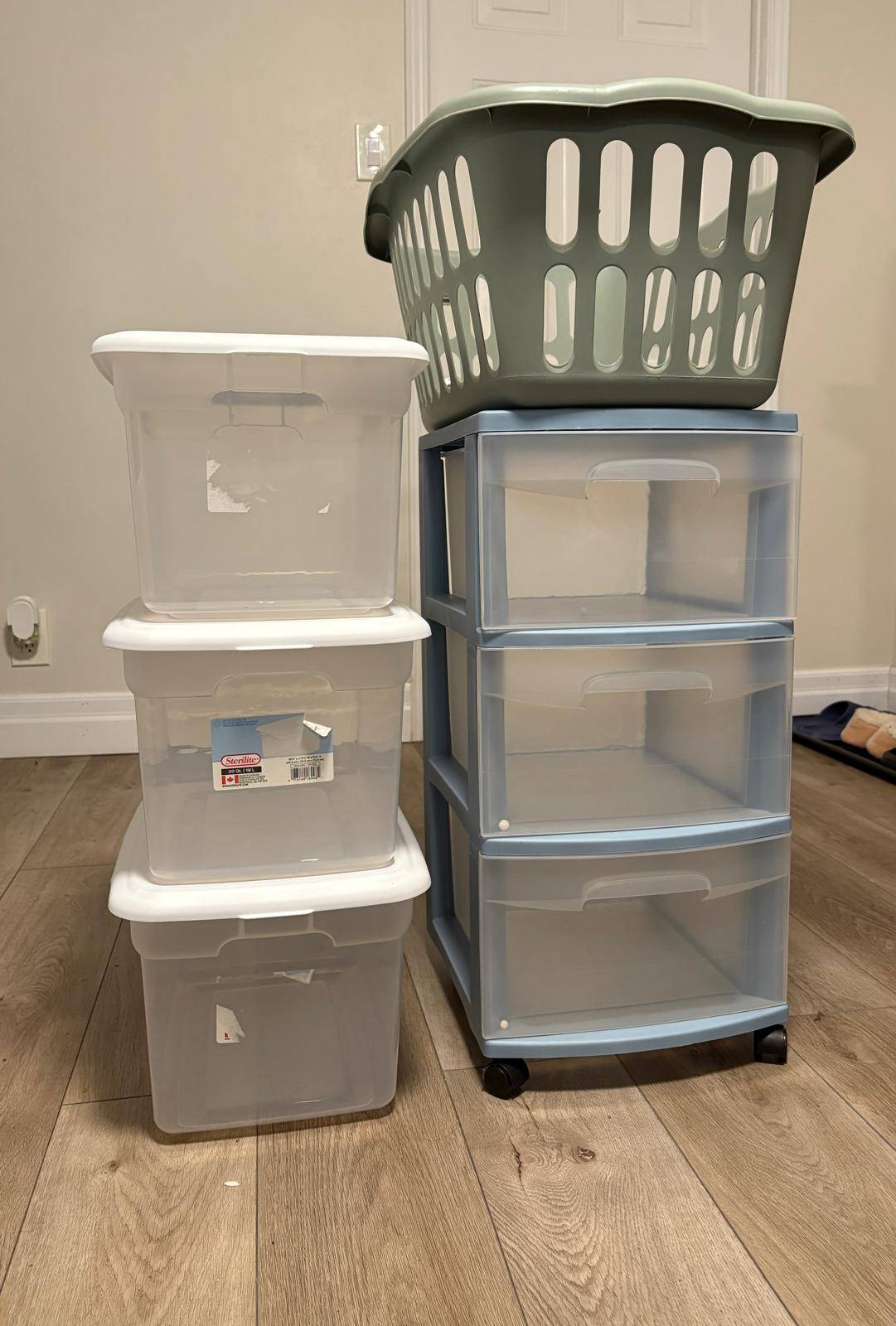 Storage Bundle: 3-Drawer Cart, 3 Bins with Lids & Laundry Basket