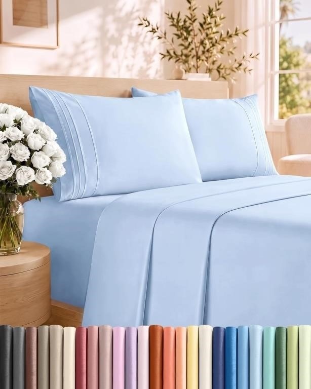 CGK Queen Sheet Set 4-Pc Comfy Breathable Cooling Light Blue