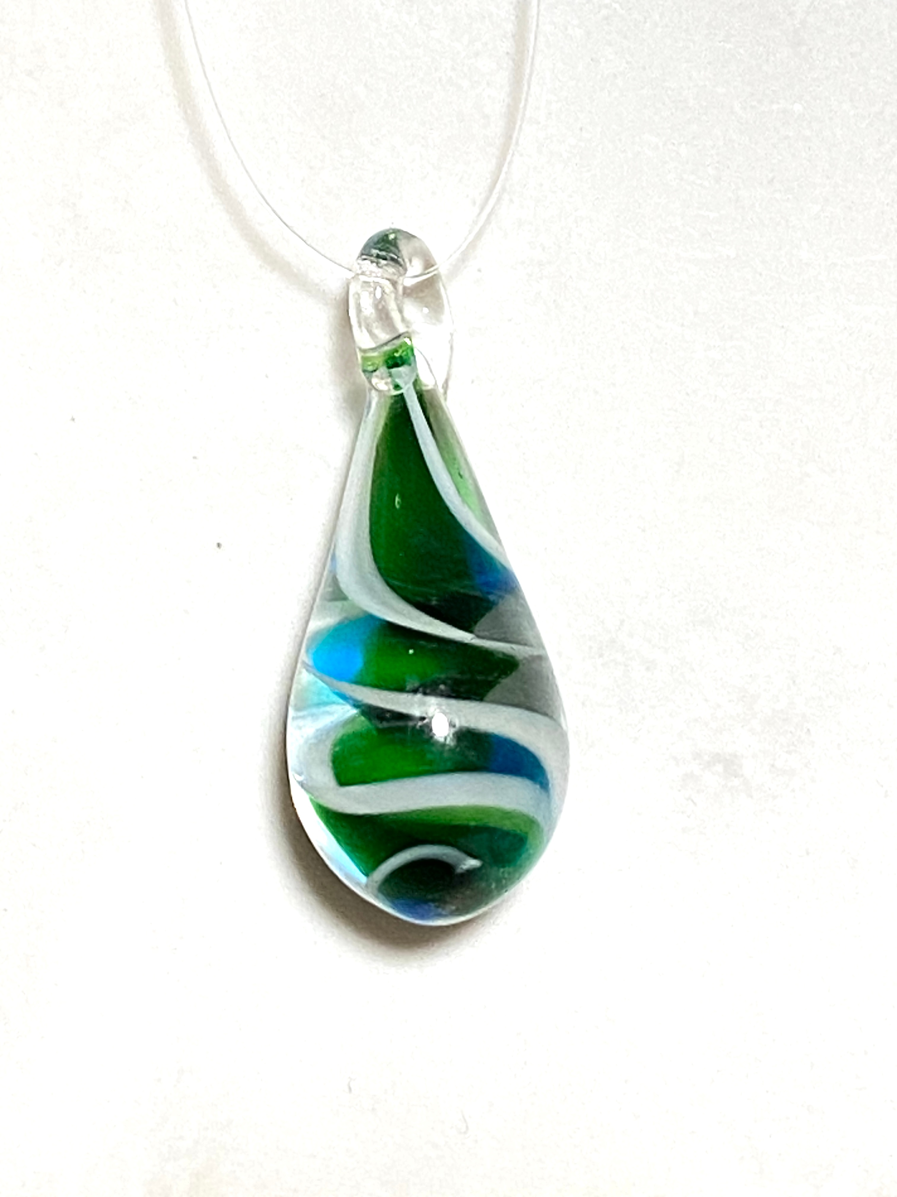 Swirled Dark Green Blue Glass Teardrop Pendant