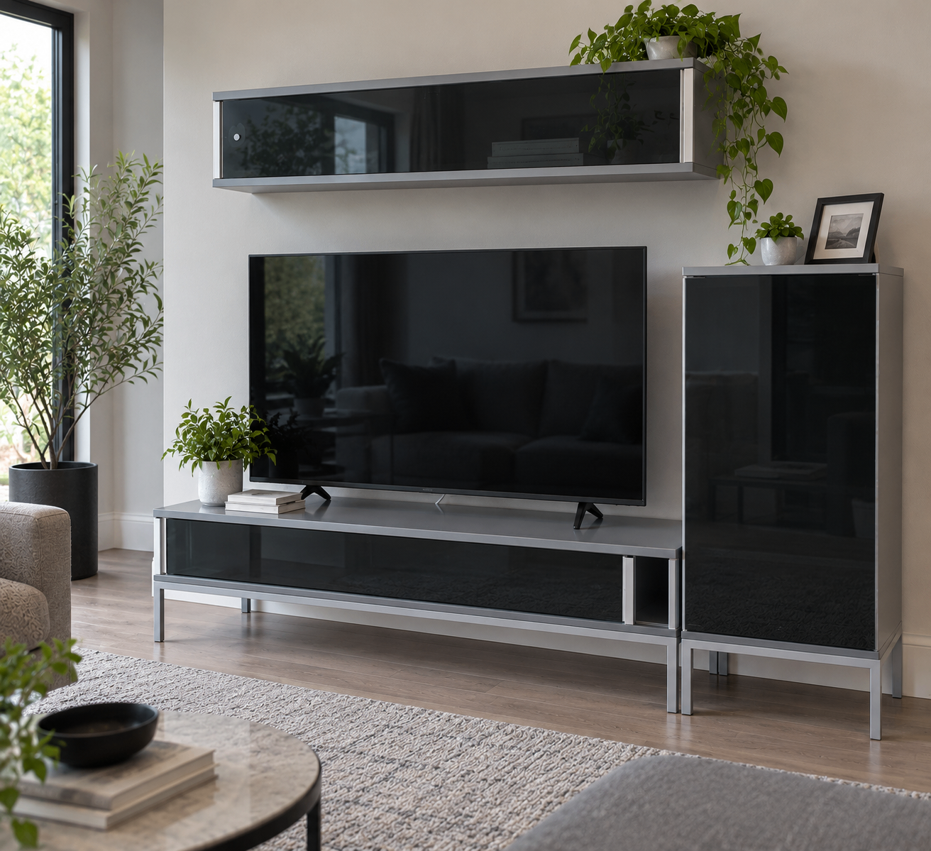 Modern Grey TV Entertainment Unit with Matching Storage Cabinets