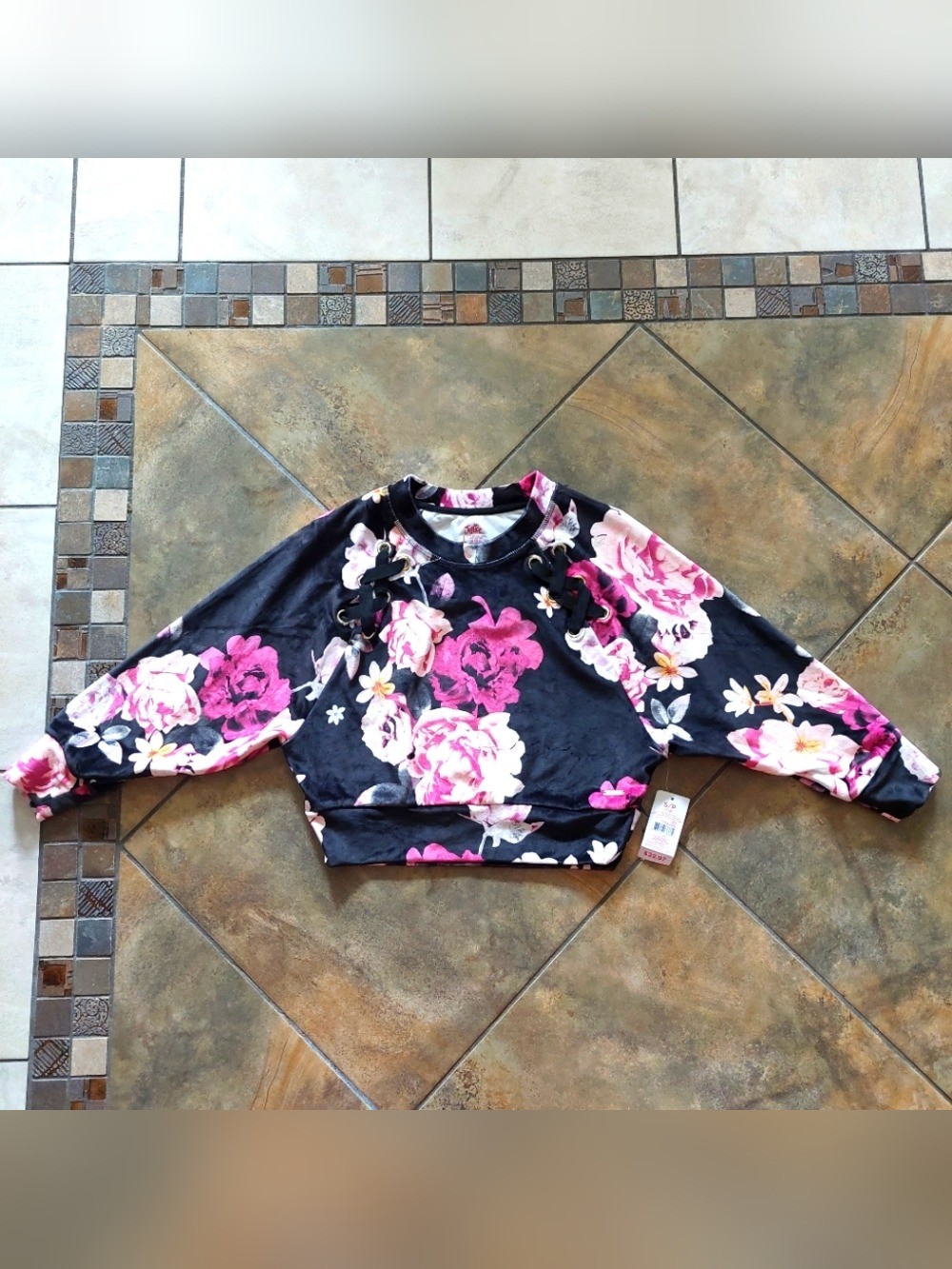 Justice Black Floral Lace Up Sweater Top Girls S 7/8 NWT