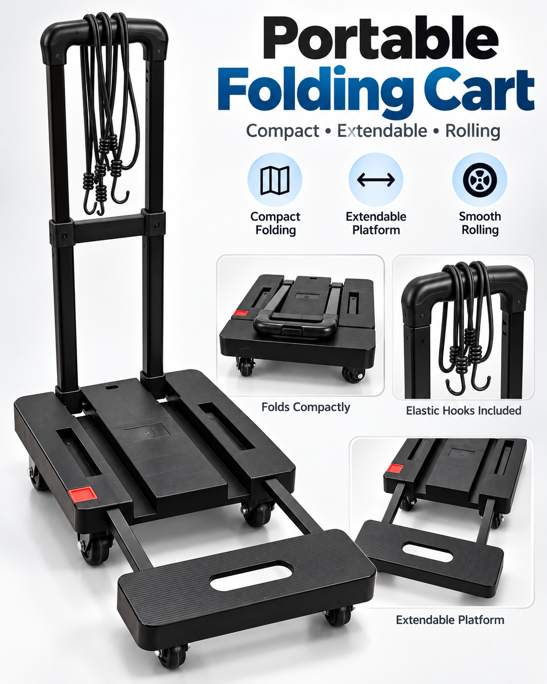Portable Folding Cart / Dolly with Wheels & Elastic Hooks – $25