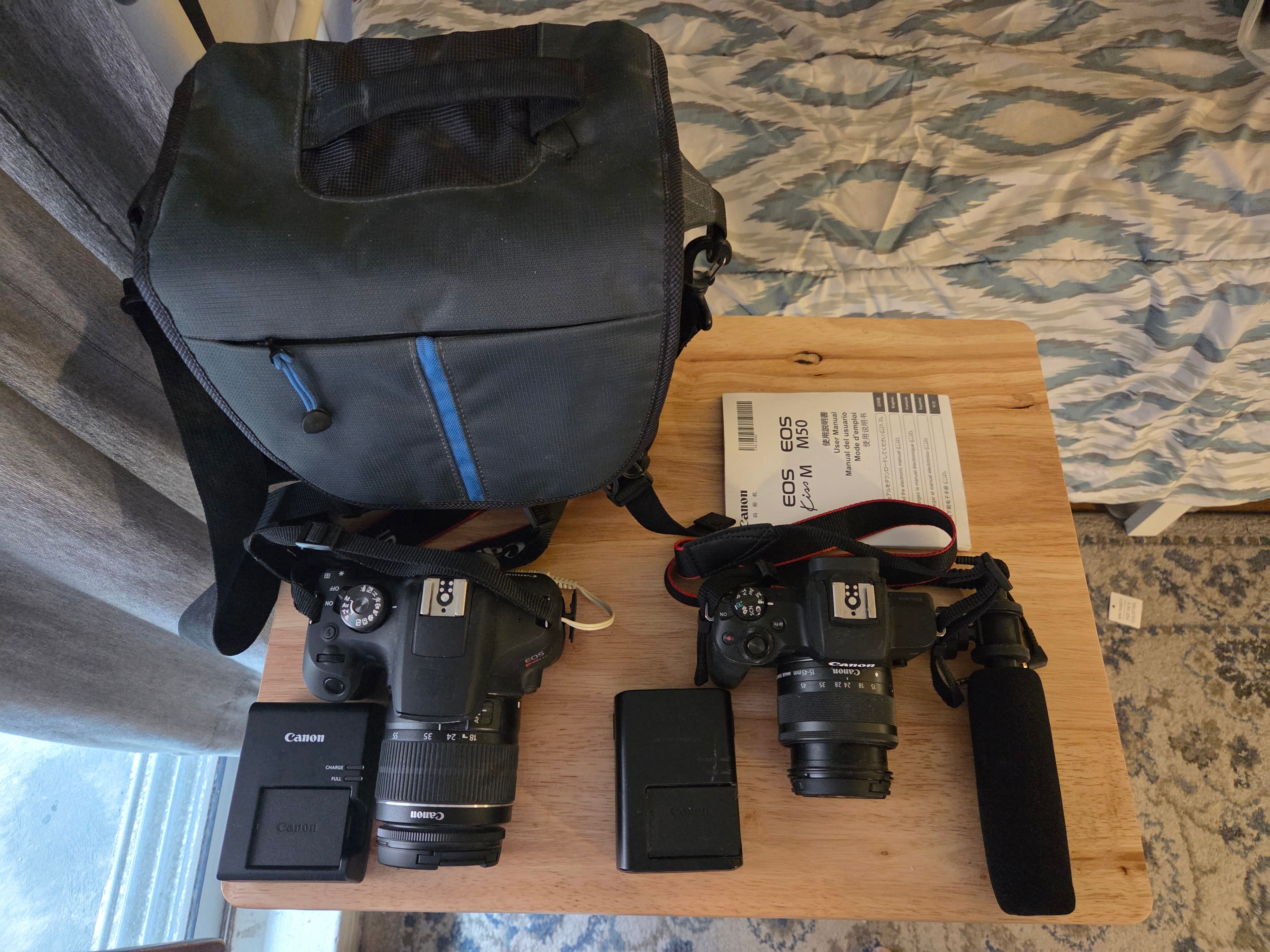 2 Canon EOS DSLR Cameras, 1 Camera Bag, 1 Camera Microphone