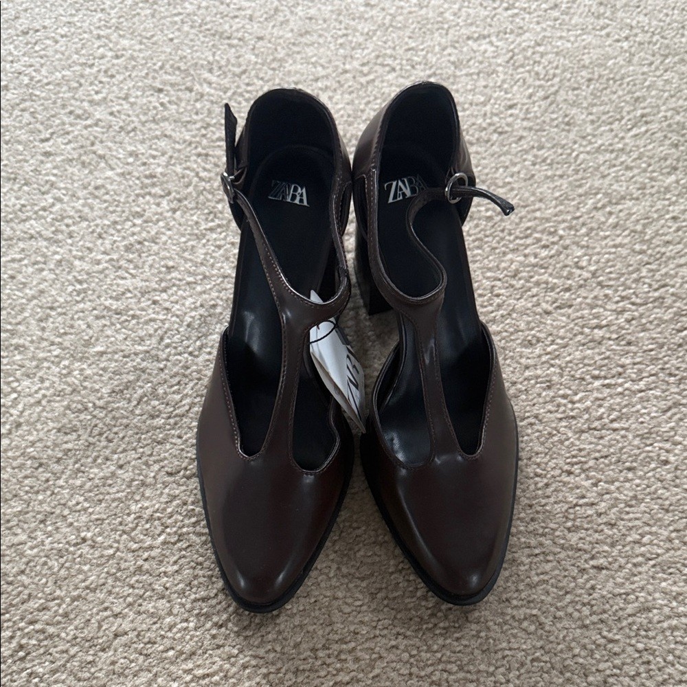 Brand New Zara Chocolate Brown T-Strap Block Heel Pumps - photo 2