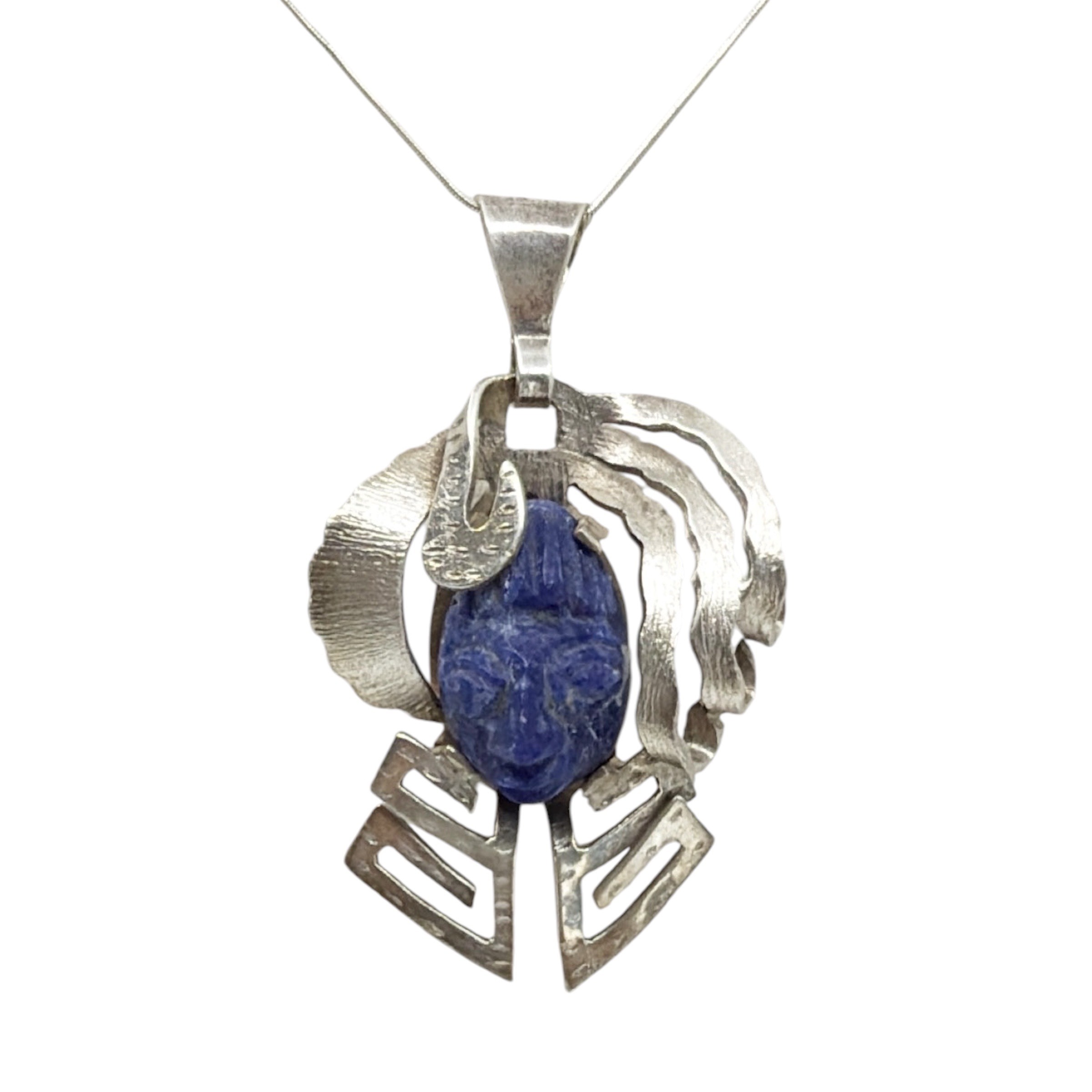 Vintage Taxco Mexico sterling silver azurite aztec mask pendant - photo 3