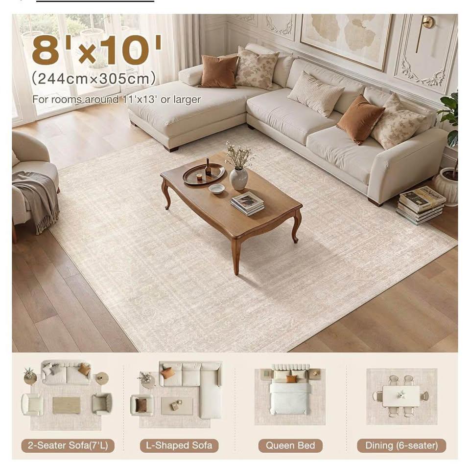 8x10 Washable Area Rug – Beige, Pet & Kid Friendly, Non-Slip - photo 4