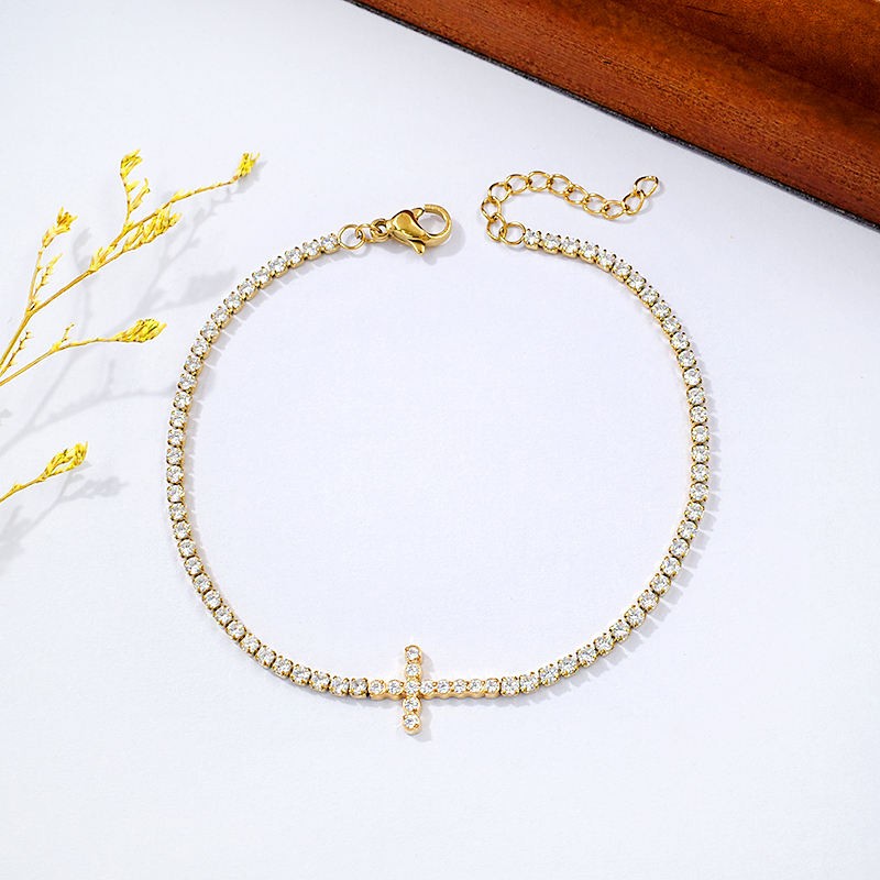 Cross Tennis Bracelet, 18k Gold Plated Stainless Steel