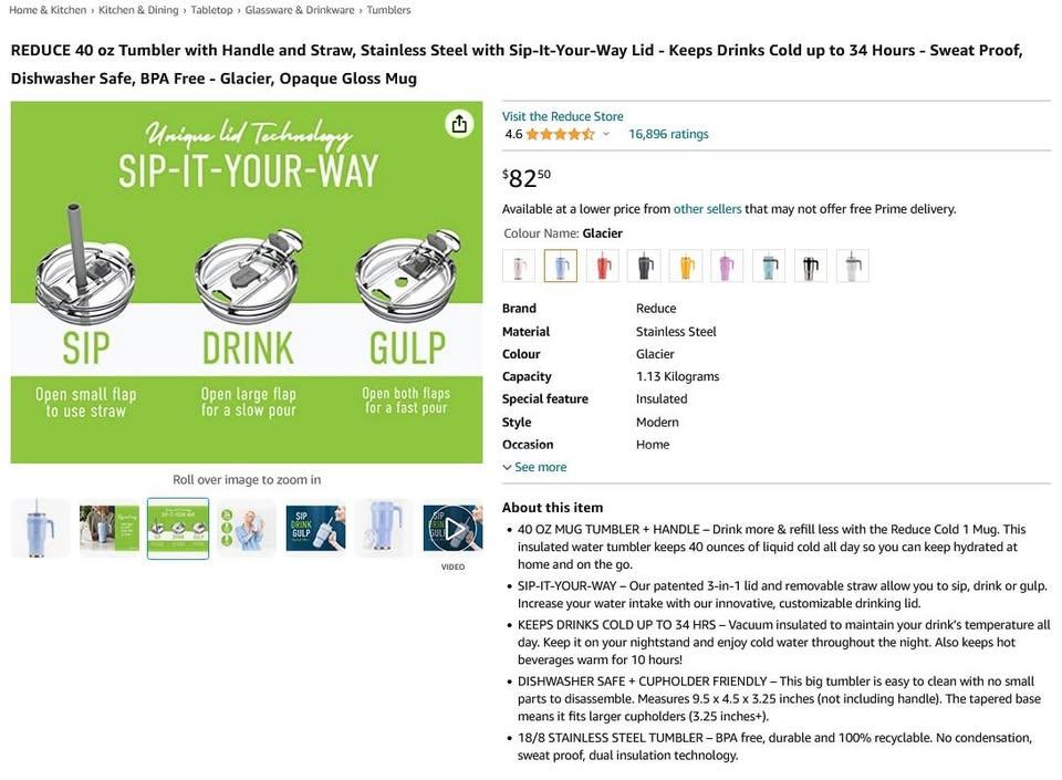 REDUCE 40 oz Tumbler with Lid, Handle and Straw, Cold to 34 hrs