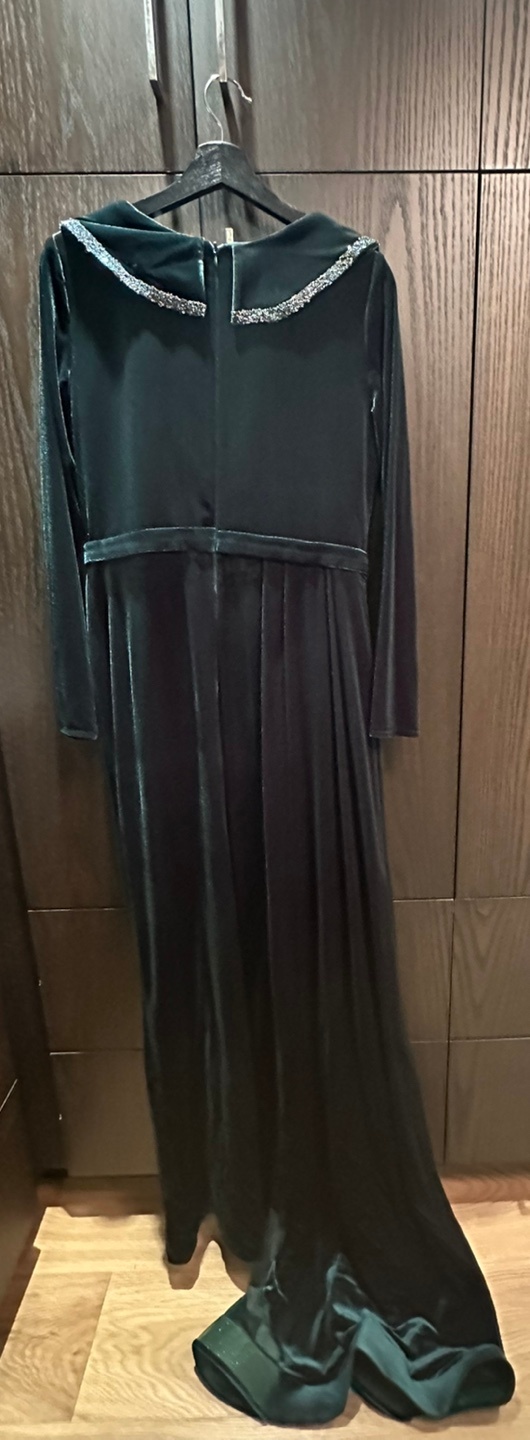 Gorgeous dark green velvet maxi dress with embellished collar - photo 4
