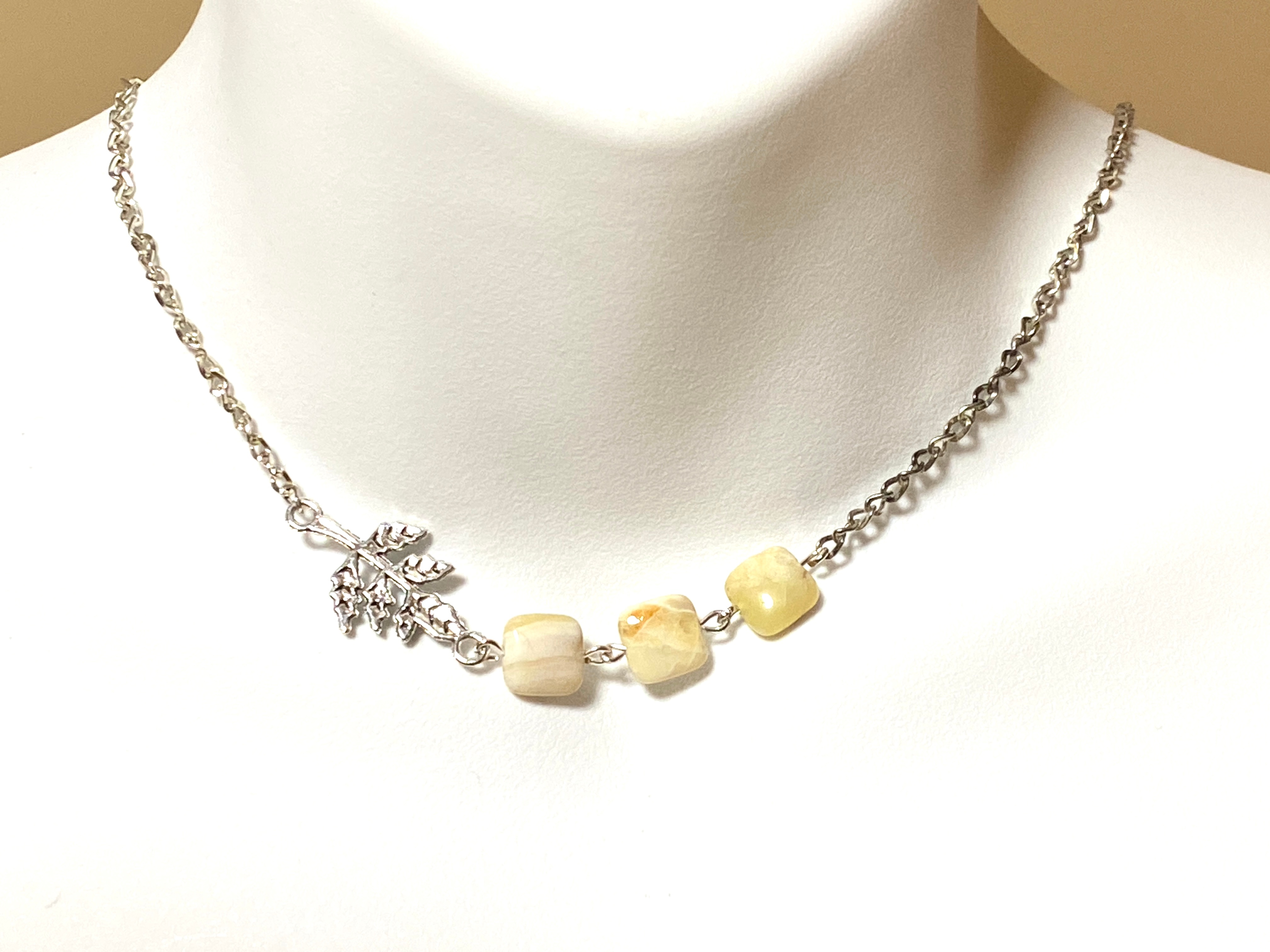 Yellow Calcite Leaf Branch Short Necklace, Stainless Chain - photo 2
