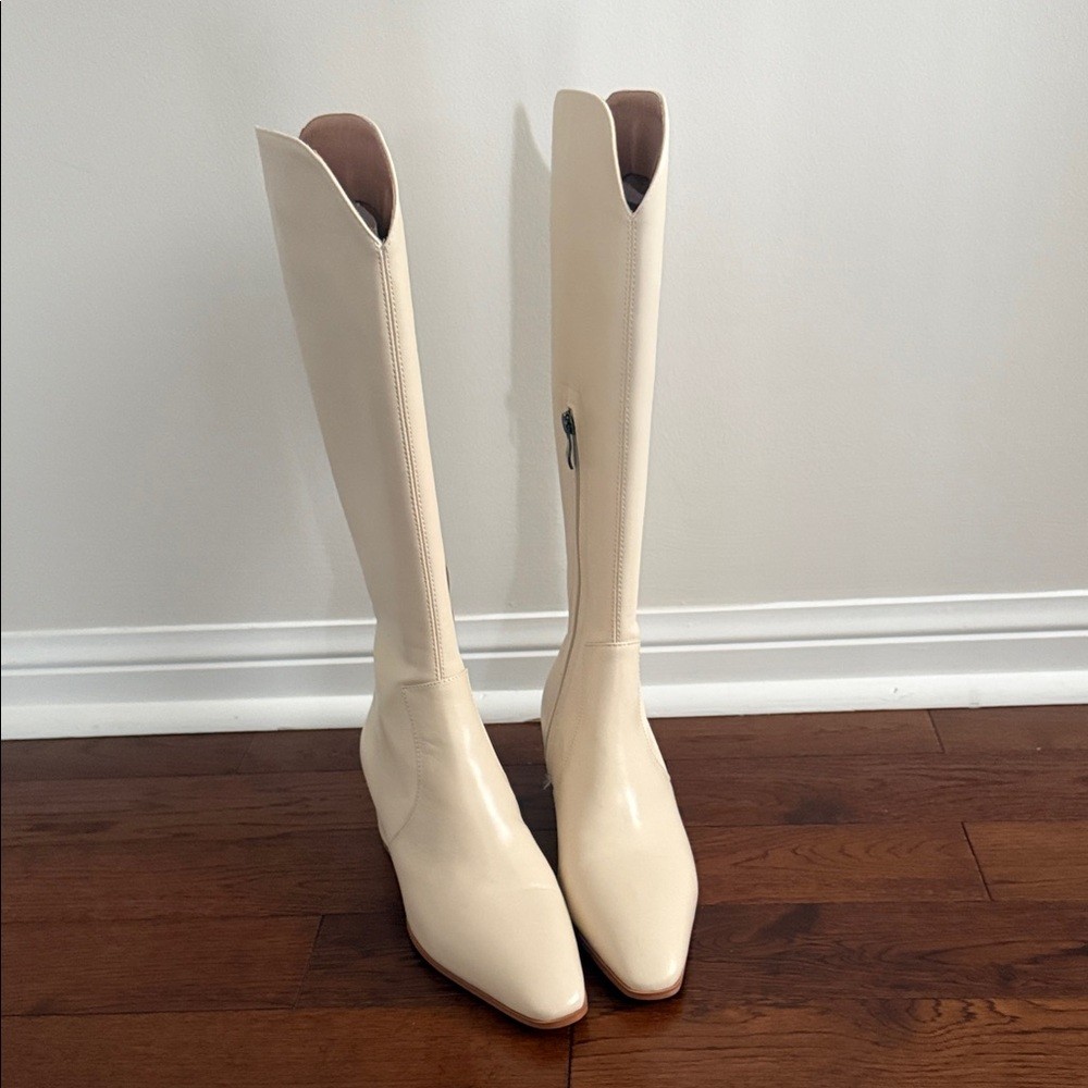 BN Women's Knee High Cream Leather Boots with Pointed Toe