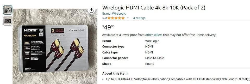 HDMI Cable by Wirelogic, 8 Ft long, support 4k 8k 10K, $10 each