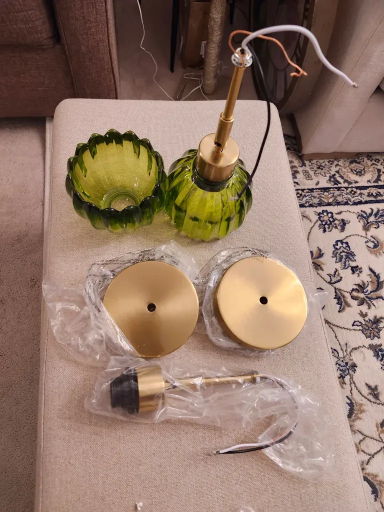 Set of 2 Green Glass Pendant Light Shades with Brass Fixtures - photo 2