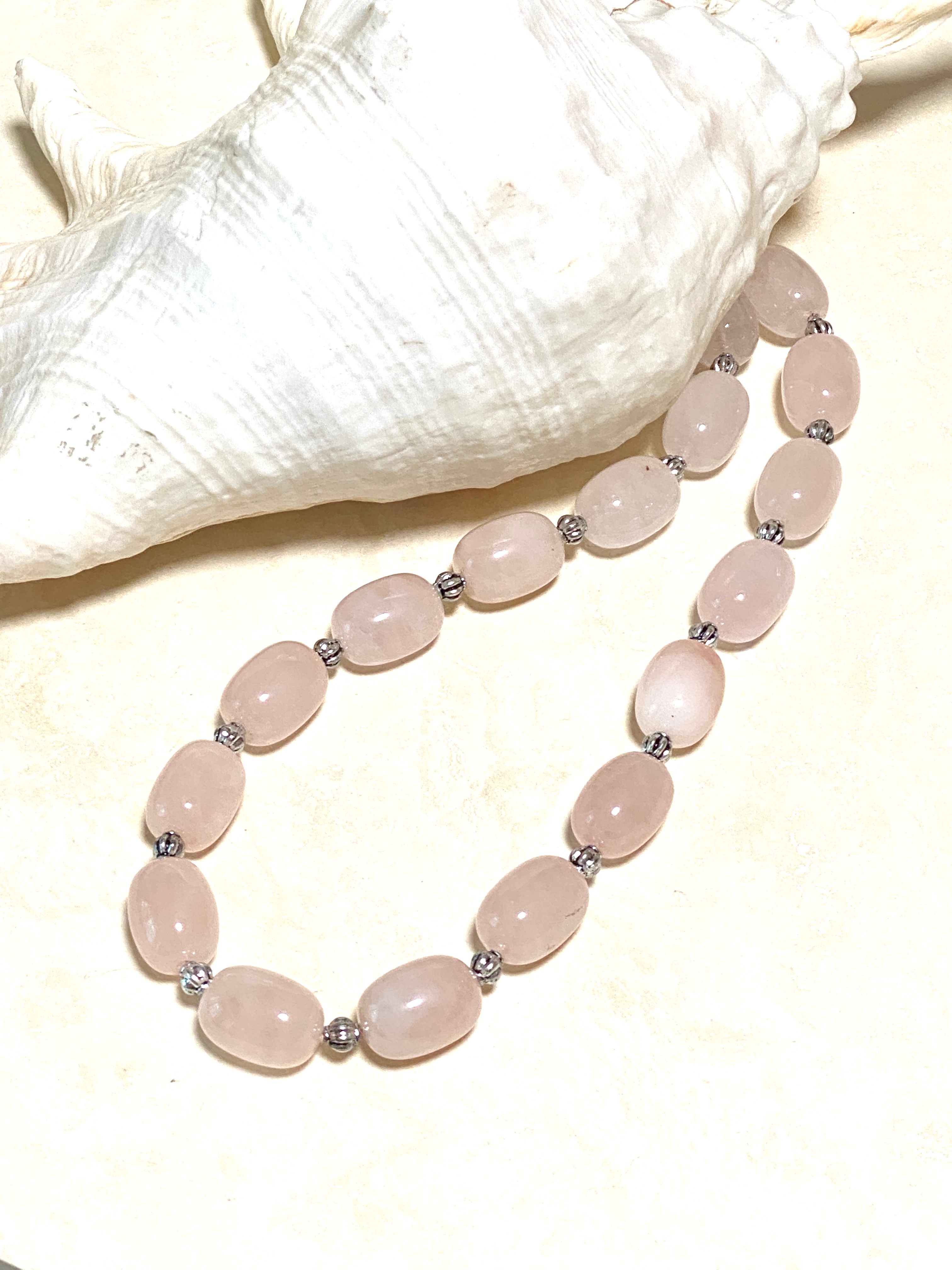 Beaded Rose Quartz Necklace, Large Gemstone Matinee Necklace