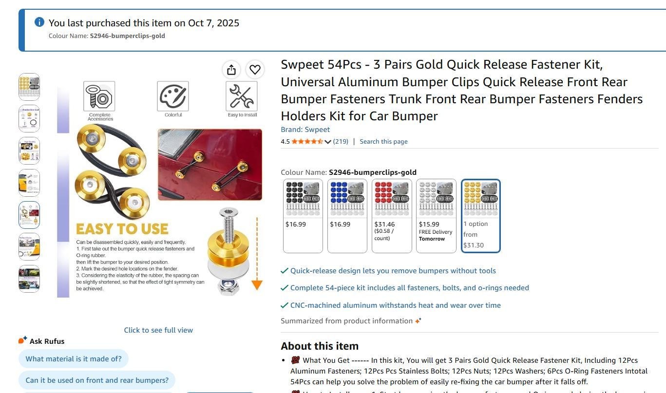 New Gold bumper Fastener Kit , 3 Pairs, Quick Release - photo 2