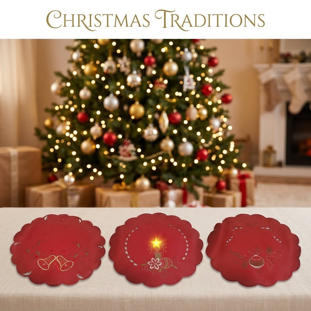 Christmas Table Cloth Scalloped Embroidery - Set of 3 (round) - photo 3