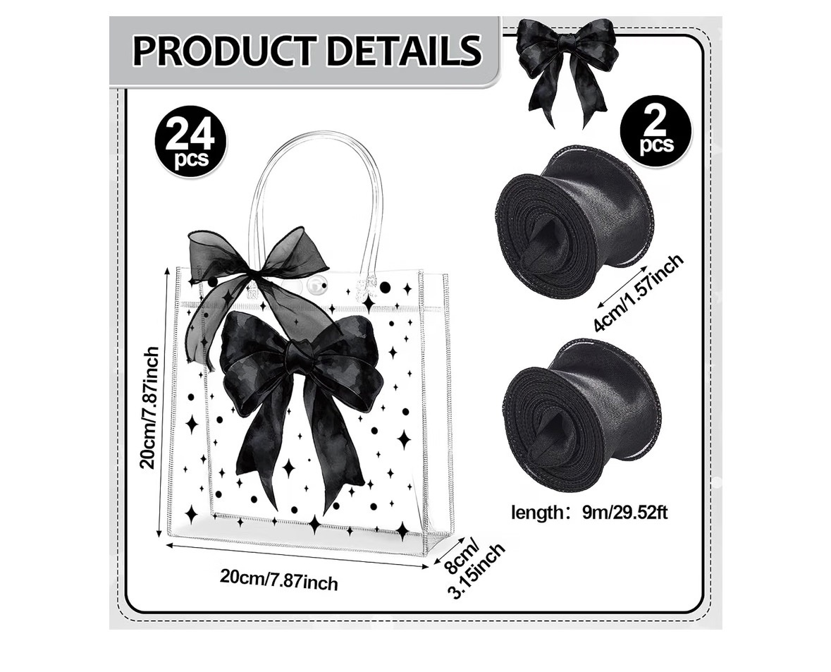 Clear PVC Gift Bags Black Bow 23 Pc Tote Set + Ribbon - photo 4